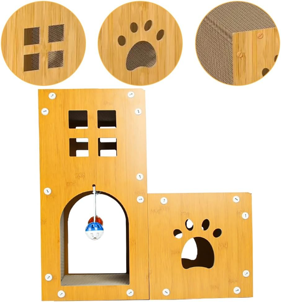 TOMVAES 2-In-1Cat Scratcher House, Pussy Scratching with Hanging Toy, Sturdy Moggy Room, Pussy Bed, for Cats of All Ages image number 1