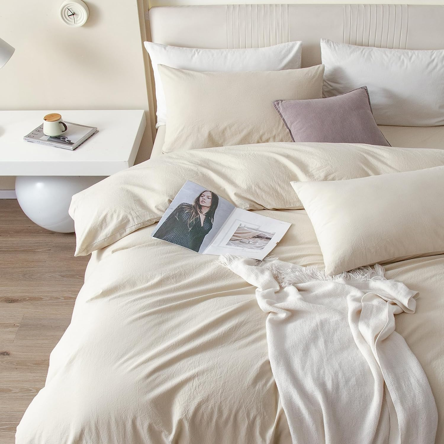 JIYUAN 100% Washed Cotton Duvet Cover Set Comfy Simple Style Soft Breathable Textured Durable Linen Feel Bedding for All Seasons Queen, Solid Beige image number 1