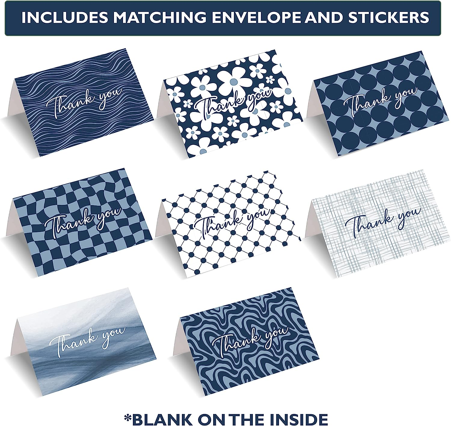 Elegant Blue Thank You Cards - Bulk Set of 96 with Self-Seal Envelopes and 104 Stickers - Perfect for Weddings, Business, Graduation, Baby Shower and More - 8 Unique Designs to Show Your Appreciation image number 2