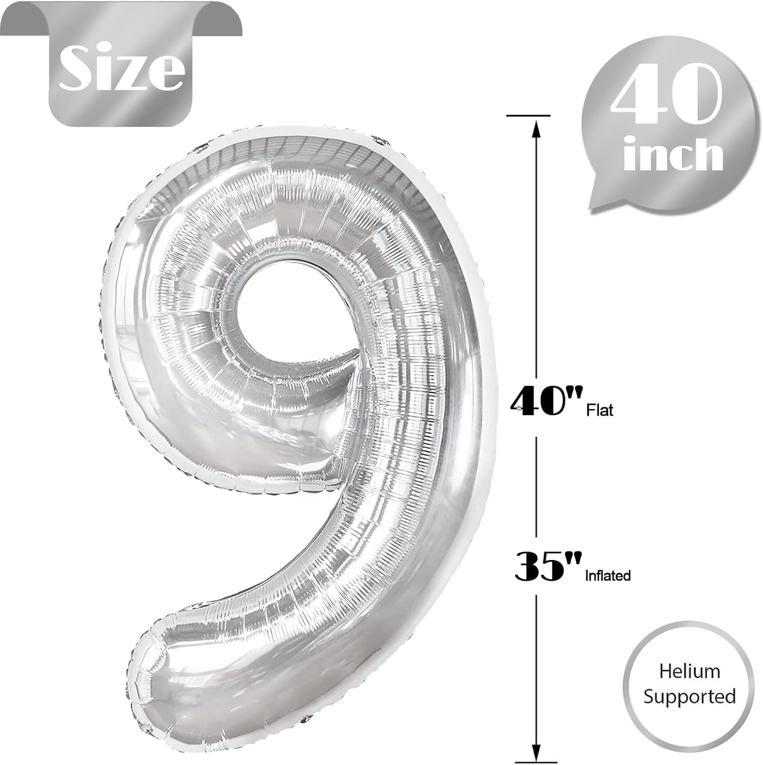 Lumjoy 40 Inch Silver Number 9 Balloon 9Th Birthday Party Decorations for Boys and Girls Giant Birthday Balloon Reusable and Self Sealing Perfect for Toddler and Kids Celebrations