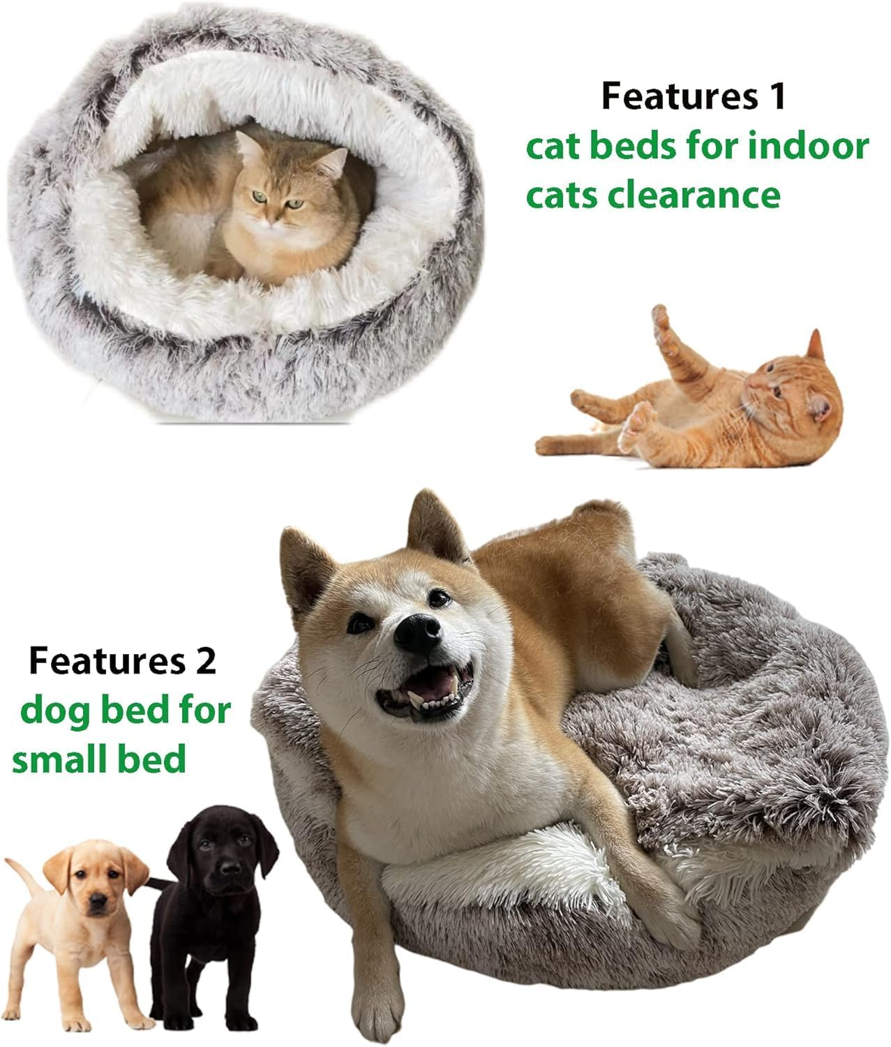 Calming Dog Beds & Cat Cave Bed with Hooded Cover,Removable Washable round Beds for Small Medium Pets,Anti-Slip Faux Fur Fluffy Coved Bed for Improved Sleep,Fits up to 15/25 Lbs(,24"X24") (Grey) image number 4