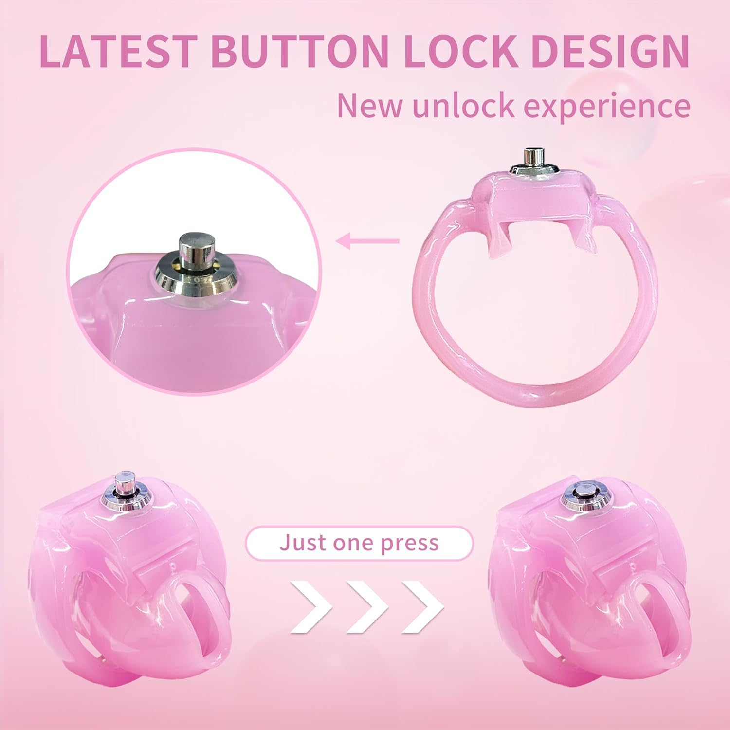 Male Chastity Devices Chastity Cage Cock Cage Button Lock and Exclusive Keys with 3 Active Rings Click & Locked Key Penis Cock Cage for Men Pink Color