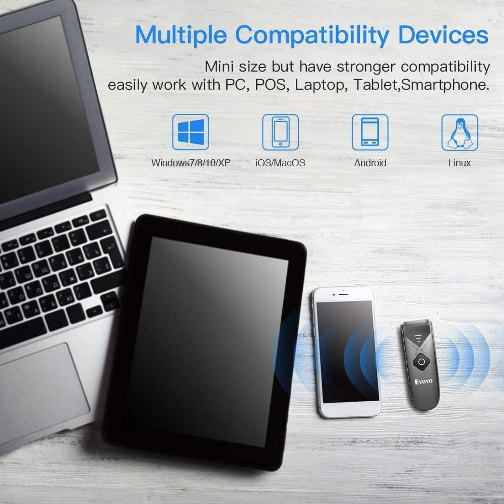 Eyoyo Mini 2D QR 1D Bluetooth Barcode Scanner, Portable Wireless Barcode Reader with USB Wired/Bluetooth/ 2.4G Wireless Connection PDF417 Data Matrix Image Scanner for Ipad, Iphone, Android, Tablet PC