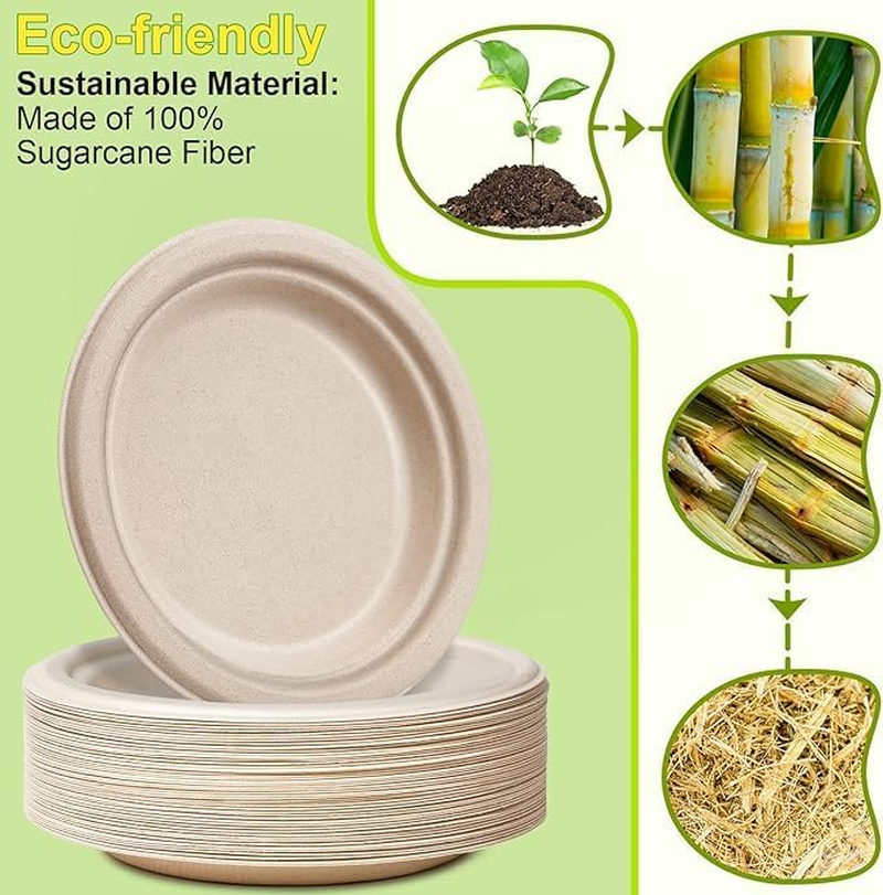 150 Pack Compostable Disposable Paper Plates 7 Inch Super Strong 100% Bagasse Natural Biodegradable Eco-Friendly Sugarcane Plates(Nature) image number 1
