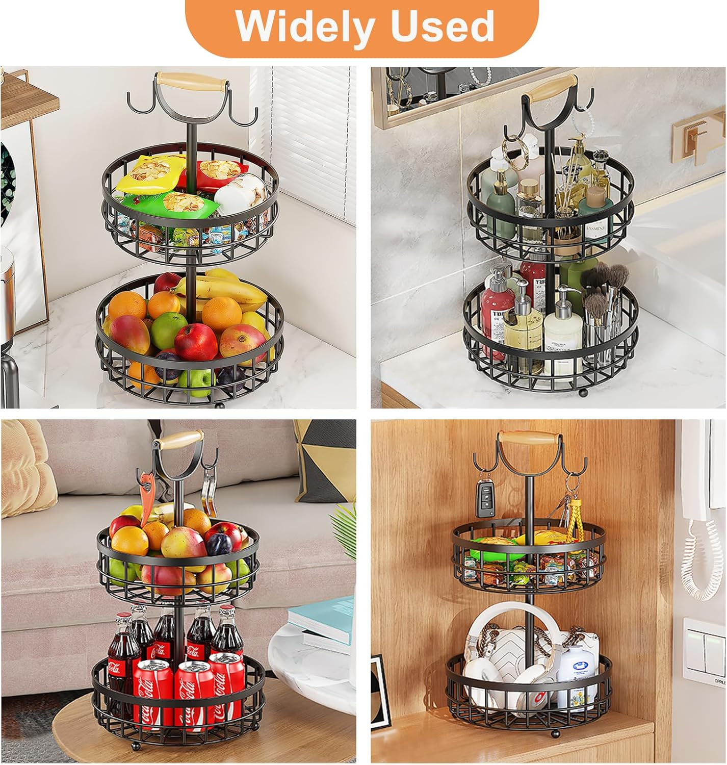 SEDISON 2 Tier Fruit Basket with Banana Hanger, Double Layer Metal Fruit Basket with Wooden Handle, Sturdy Carbon Steel Kitchen Storage Organizer for Fruits, Vegetables and More, Large Capacity image number 1