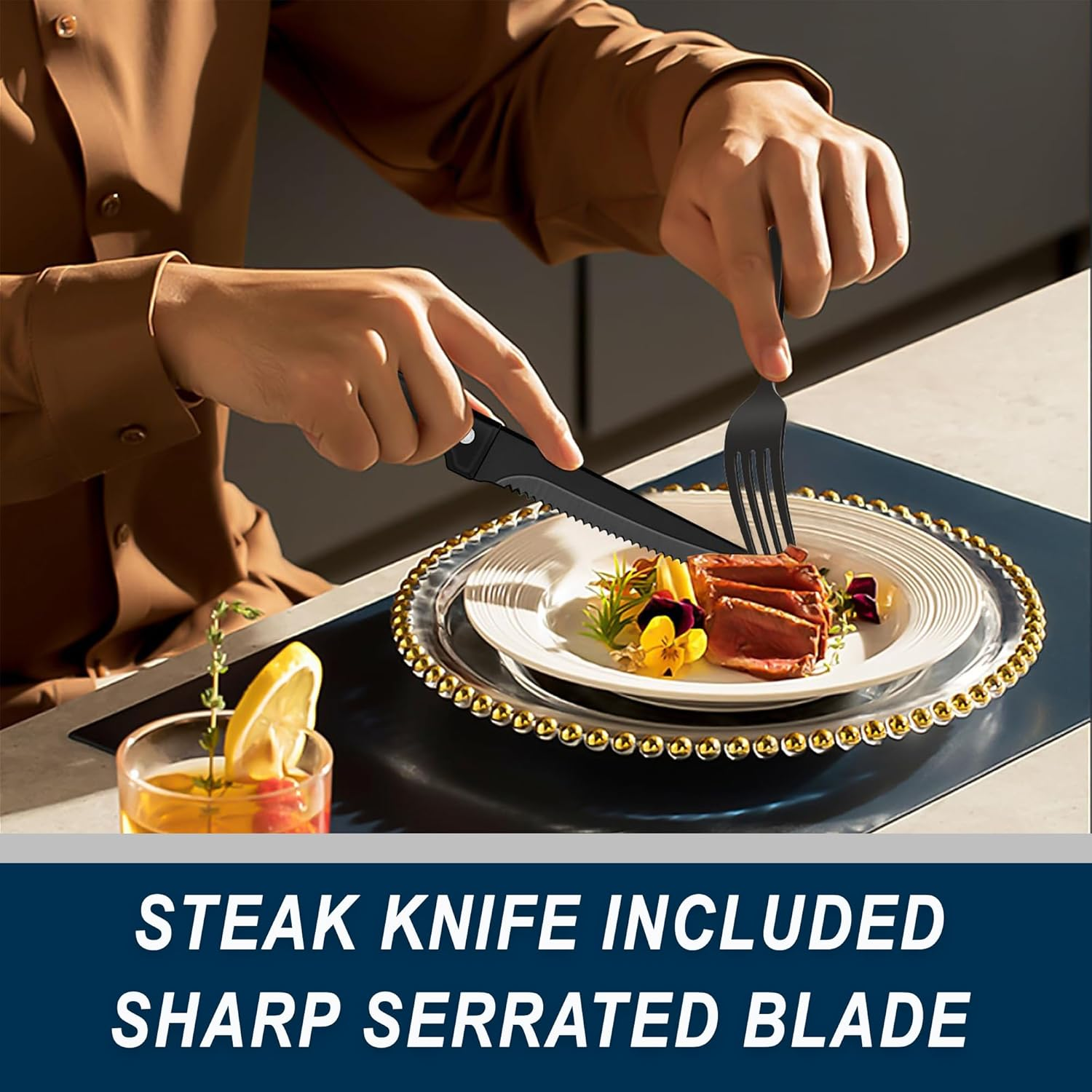 SHEUMNT 24-Piece Black Silverware Set with Steak Knives, Stainless Steel Cutlery Set, Food Grade Flatware Set Service for 4, Mirror Polished Tableware for Home Restaurant - Gold image number 5