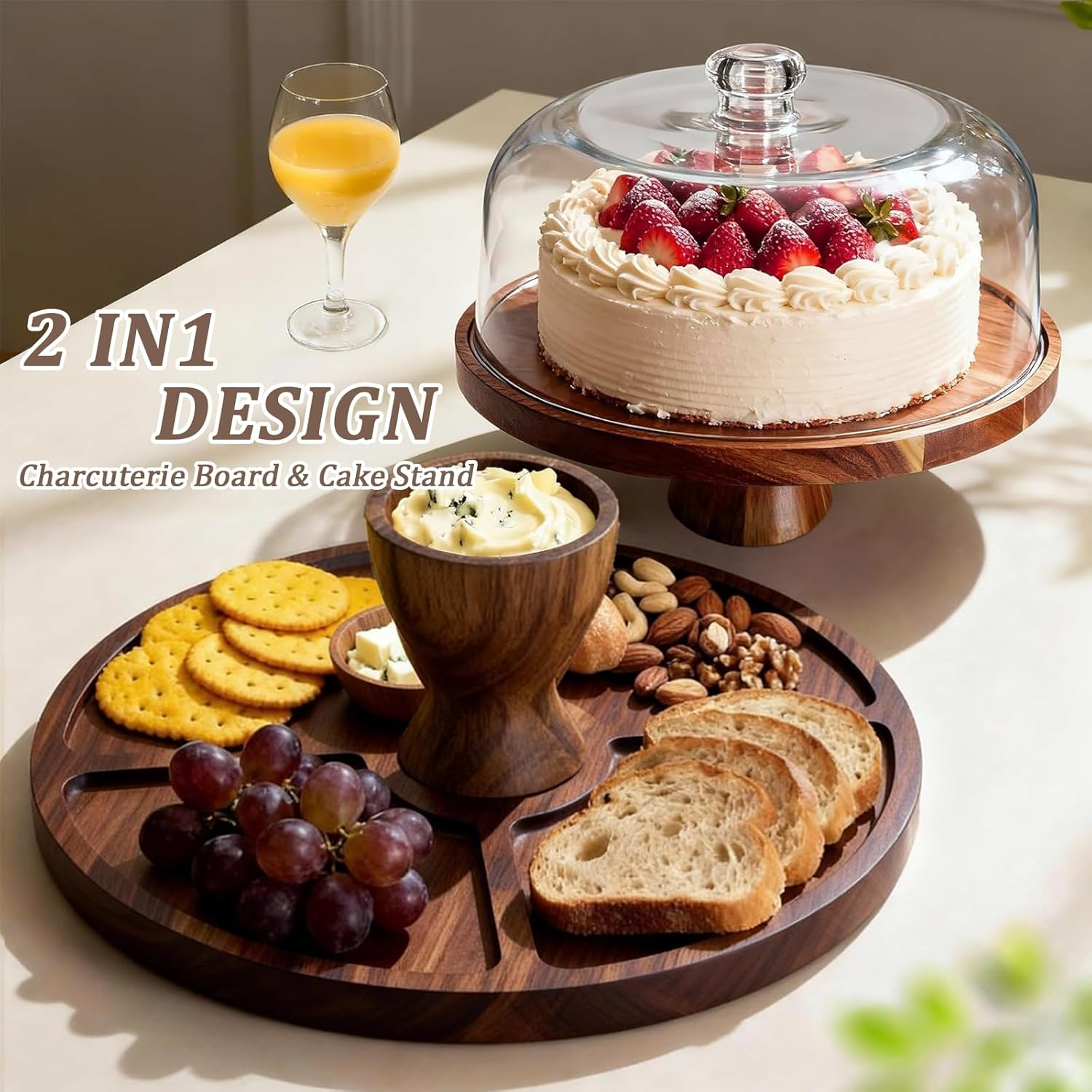 Cake Stand with Dome Lid, Acacia Wood Cake Plate with Footed, 2 in 1 Wooden Cake Display Stand for Wedding, Kitchen, Birthday, Parties, Baking image number 4
