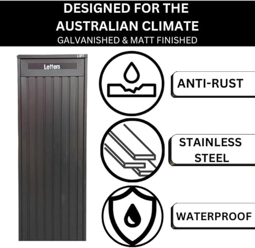 Parcel Pillar Charcoal Letterbox, Mailbox 1309, Modern Design, Made of Stainless Steel, Easy to Maintain, Weather-Resistant, Ideal for Residential & Commercial Use, Black & Satin