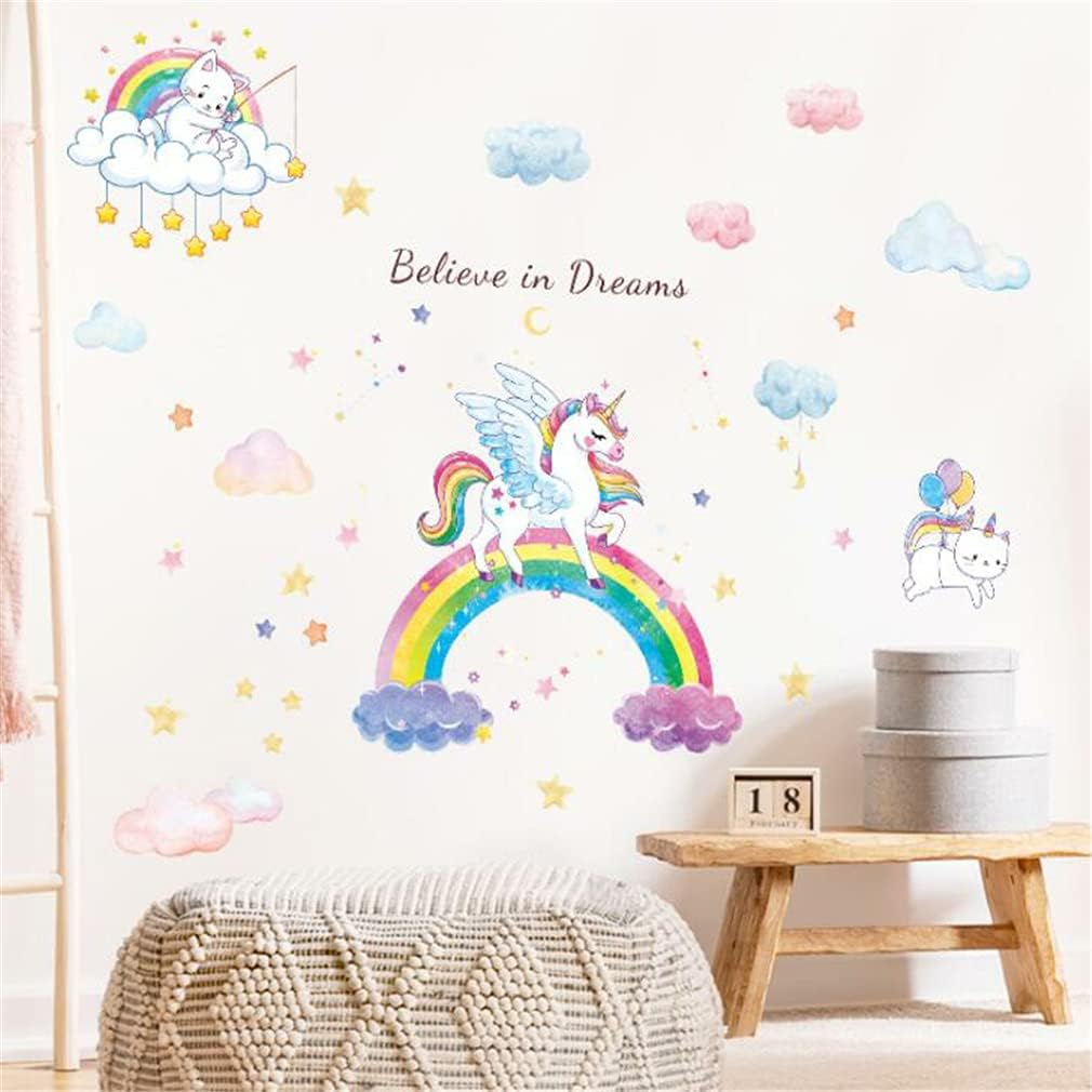 Rainbow Unicorn Wall Decals, Large Size Removable Unicorn Wall Decal Stickers with Cute Cat Kitty Clouds Stars Art Decal, DIY Home Wall Decor Stickers for Girls Bedroom Baby Nursery Kid Birthday Party