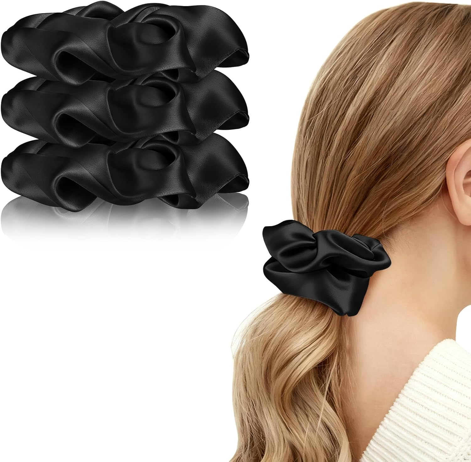 Leonids Satin Hair Scrunchies for Women, Silk Hair Scrunchies for Girls, Elastic Hair Bands (Black+Black+Black)