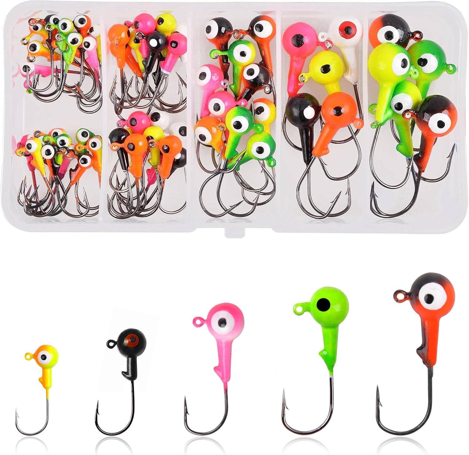 Fishing Jig Head Hooks Set, 60Pcs Fishing Lures Jig Head Bait Assorted round Head Jig Hooks for Soft Worm Shrimp Lures Freshwater Saltwater Fishing Tackle Kit
