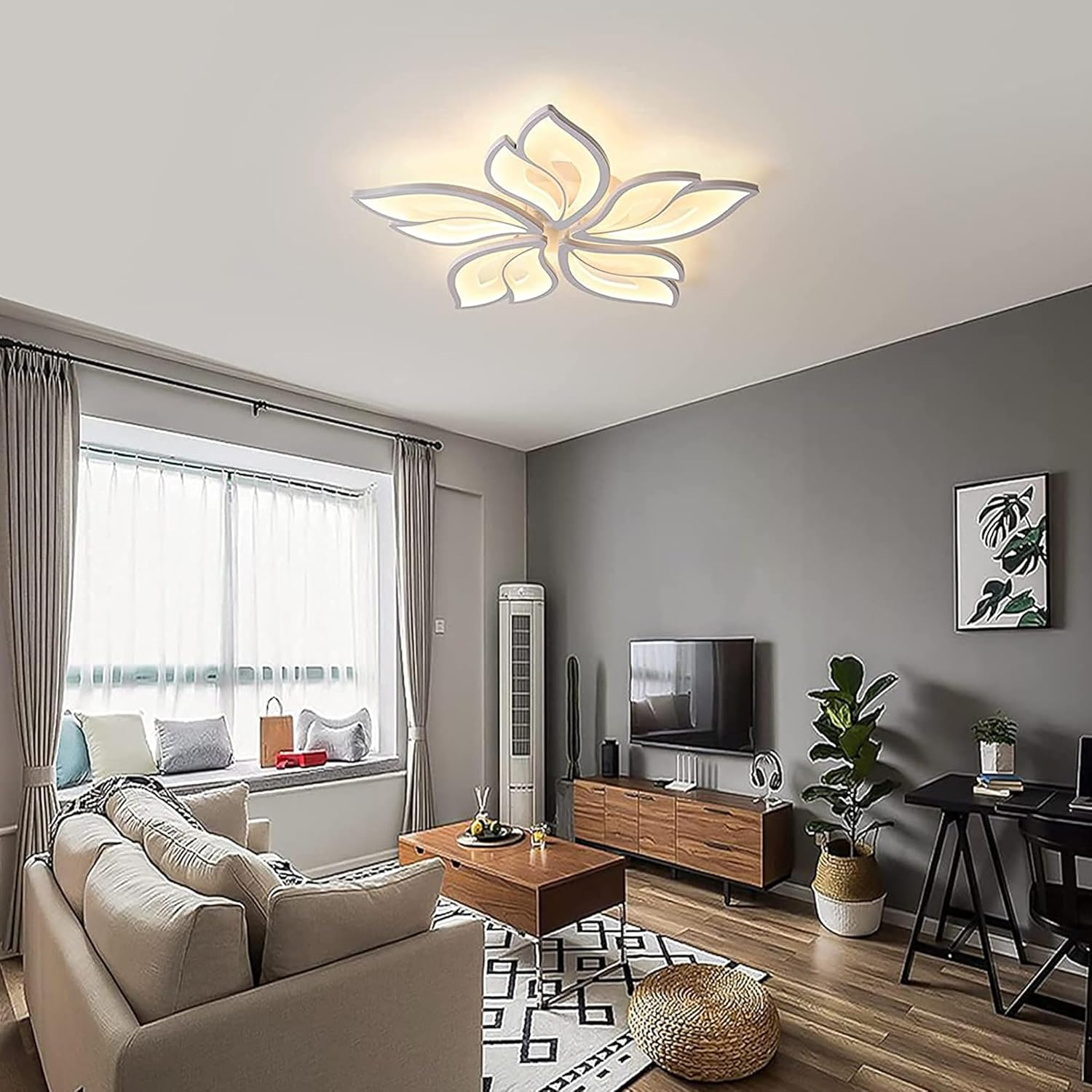 Oninio 60W Modern LED Ceiling Light, 23.6&rdquo; Chandelier Ceiling Lighting, Flush Mount Lighting Fixture White Bedroom Ceiling Lights Flower Ceiling Lamp for Living Room Dining Room Kitchen - 4 Rings/58W image number 5