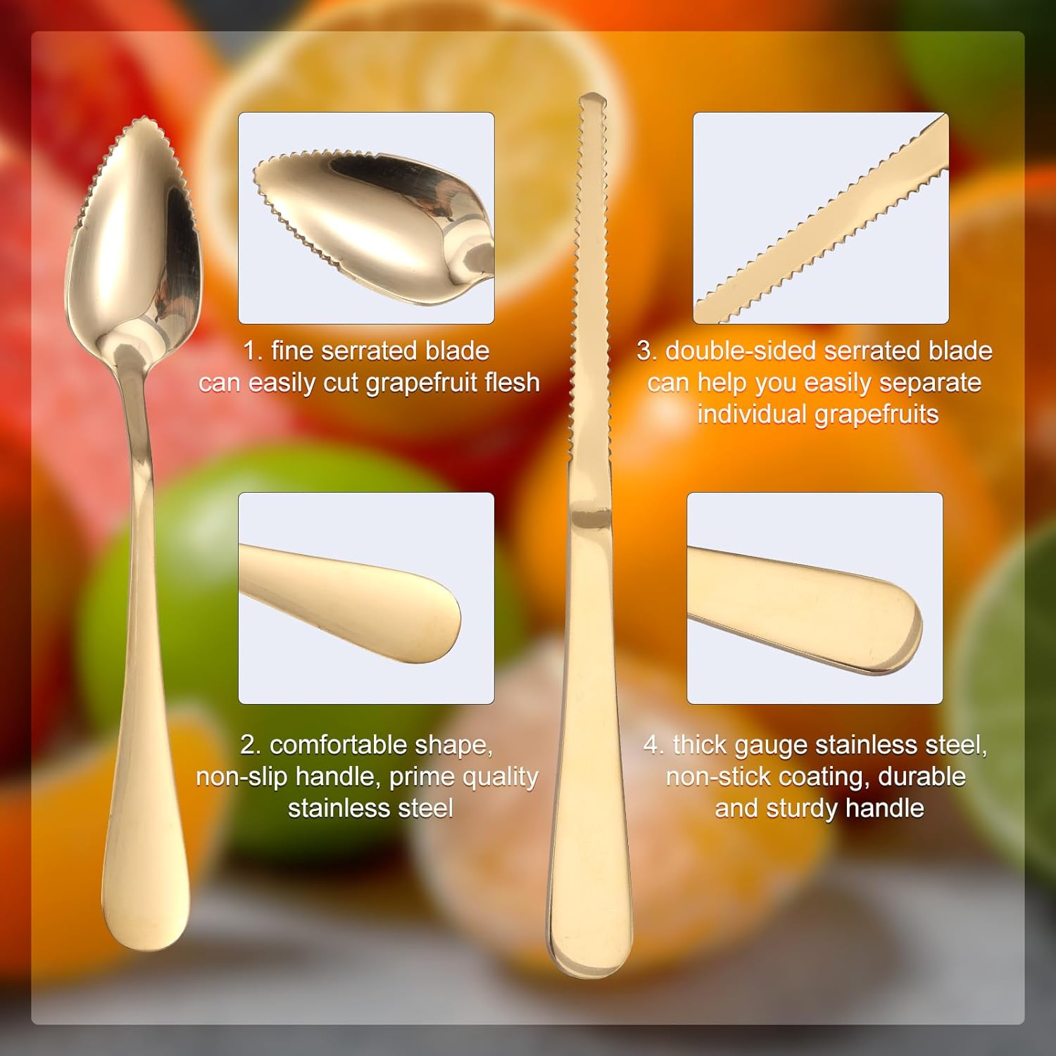 3Pcs Grapefruit Spoons and Knife Set with Serrated Edge, Stainless Steel Grapefruit Curved Serving Utensils for Citrus Lemon Kiwi Melon Lime Apple Puree Pitaya Fruit Eating Tool (Gold) - Colorful image number 3