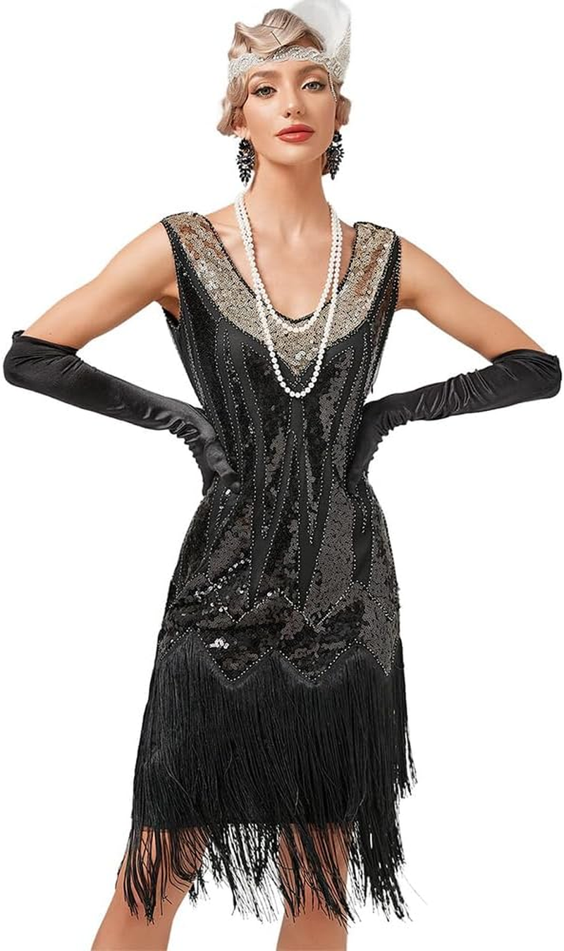 AUTOWT 1920S Women'S Flapper Dresses, V Neck Beaded Fringed Great Gatsby Roaring 20'S Costume Dress for Halloween Christmas Theme Party