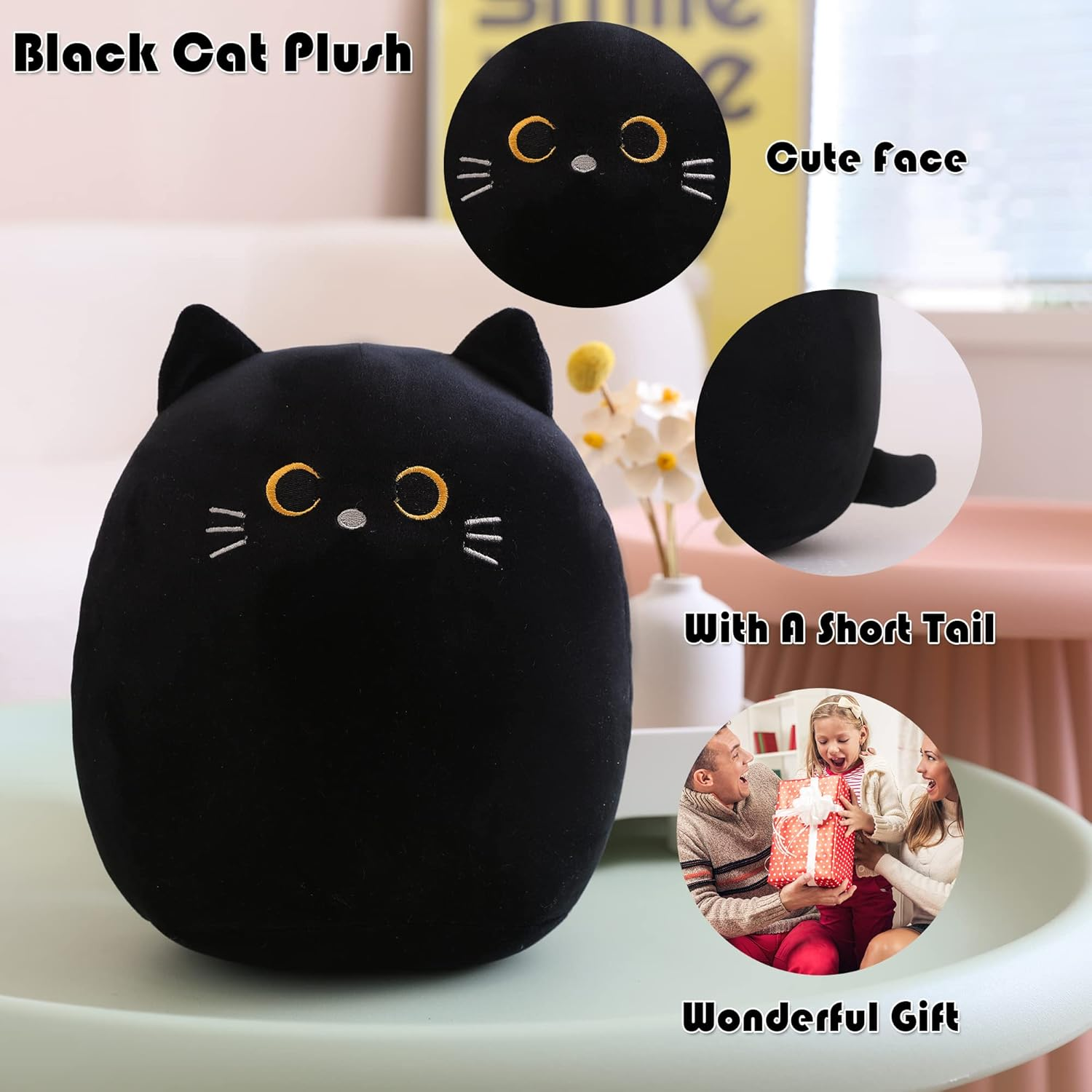 SQEQE Cat Plush Pillow Kawaii Stuffed Animal Fluffy Cartoon Cat Plushies Cat Plushie Doll Toys Soft Shape Design Stuffed Animals Gifts for Kids(Black, 10 Inch) image number 1