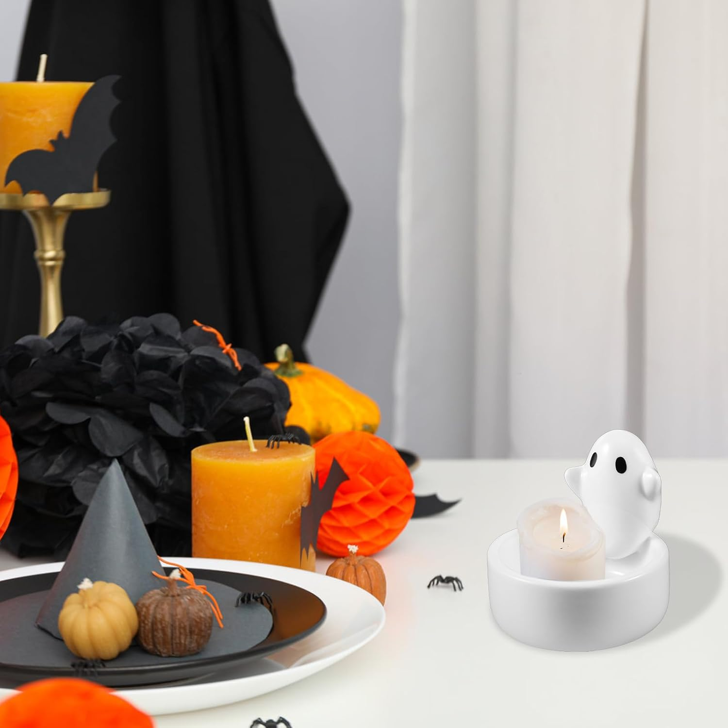 Ghost Candle Holder, White Ceramic Candlestick Cartoon Cute Ghost Figurines Scented Candle Holder for Girls Women Halloween Birthday Gift Home Table Decoration image number 2