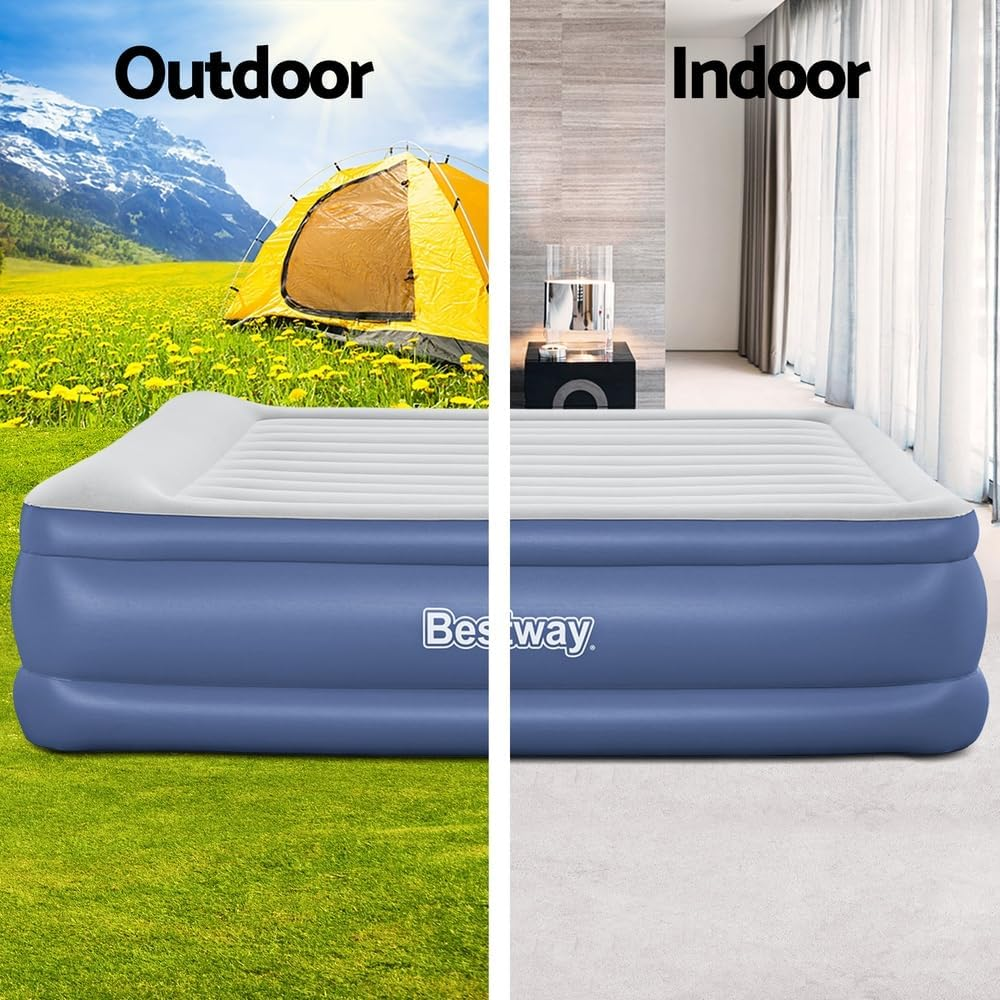 Bestway King Air Mattress with AC Pump, Camping Inflatable Bed Beds Blow up Sleeping Airbed Indoor Outdoor Hiking Travel Holiday Car Airbeds, Carry Bag Pillow Flocked Surface Blue