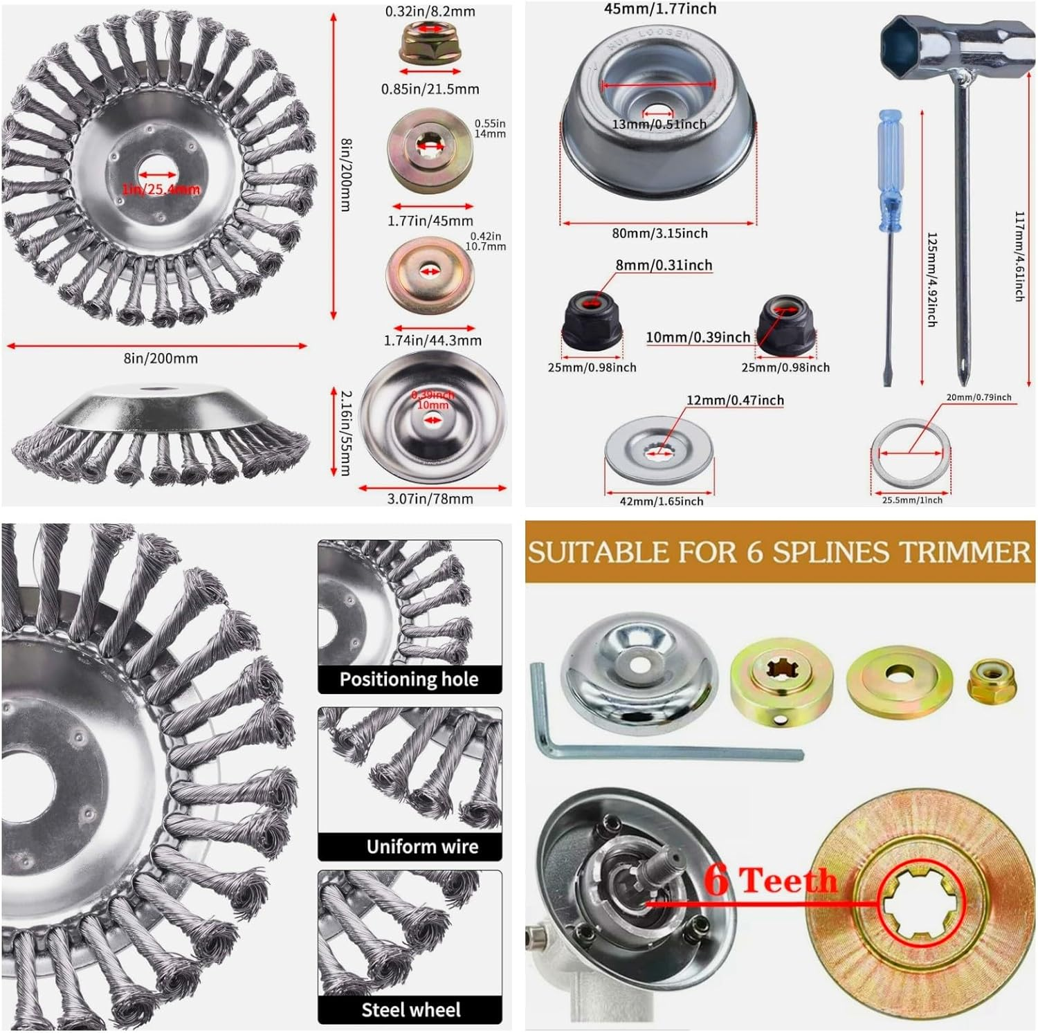 8 Inch Steel Wire Rotary Brush Cutter Trimmer Head Weed Blade Cutter with Adapter Kit Compatible with Husqvarna-Stihl-String-Trimmers, Gardening Lawnmower, Moss Grass Rust Removal image number 3