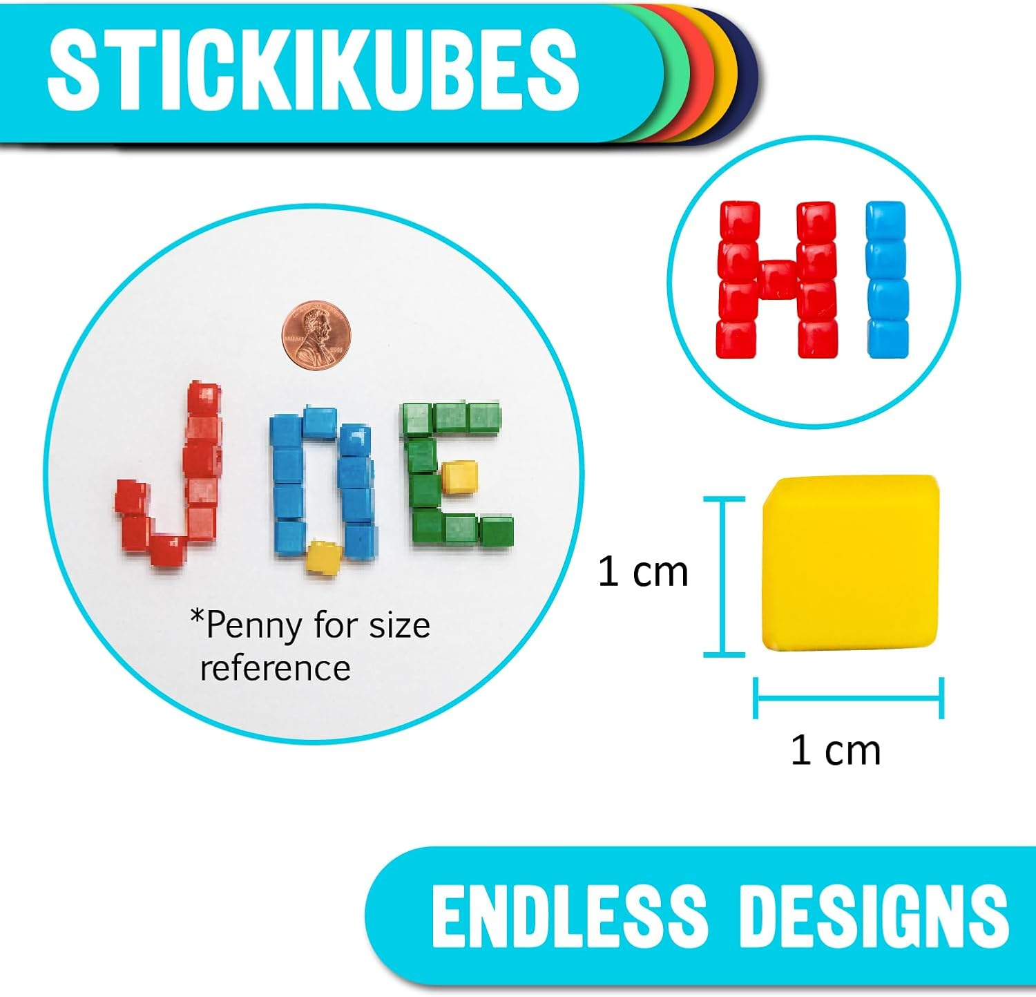 KOMARC GAMES Stickikubes - Mini Stacking Cubes That Stick to Anything - 125 Cubes in 4 Colors - Plastic Tub - Non Toxic Kid Safe