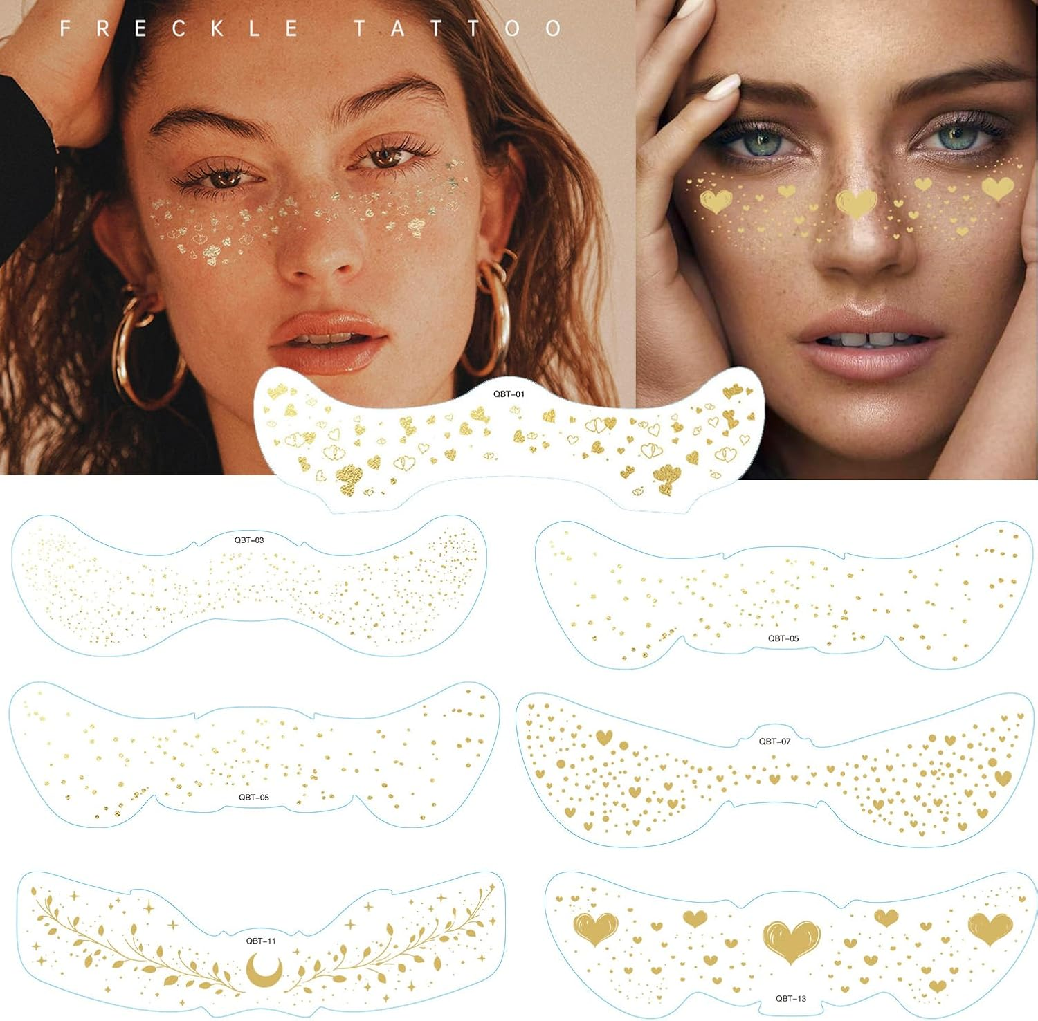 Glitter Freckle Face Tattoos, 7 Sheets Different Style Gold Sparkle Freckles Makeup Patches.Face Shinning Glow up Temporary Tattoos Birthday Part Friends Gift and Music Personal Decorations for Women and Girls (Stars)