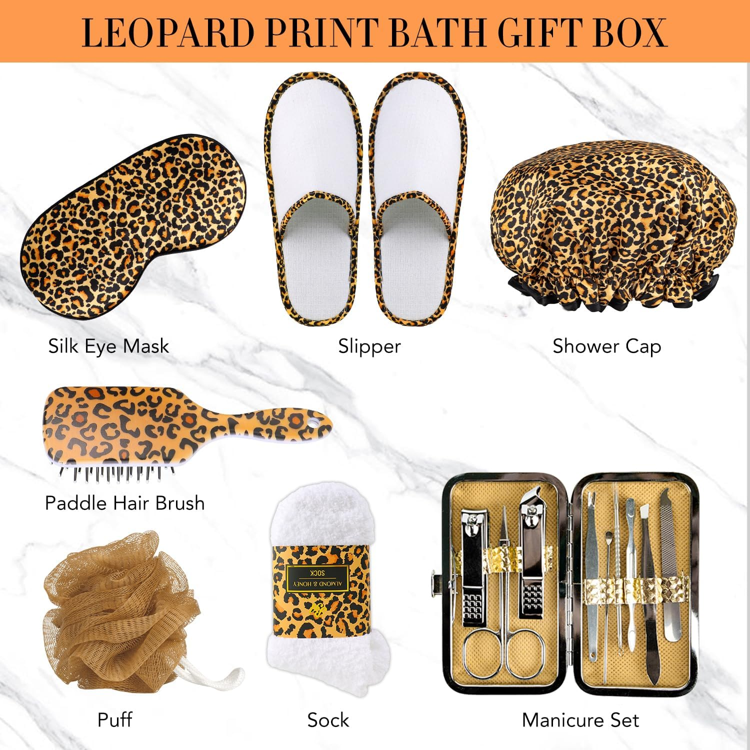 Bath Gift Set for Women, XXL 20 Pcs Skin Care Set Leopard, Slef Care Gifts Set , Mother'S Day, Valentine, Birthday, Christmas, Home Spa Kits with Shower Gel, Body Lotion, Shower Cap, Manicure Set image number 5