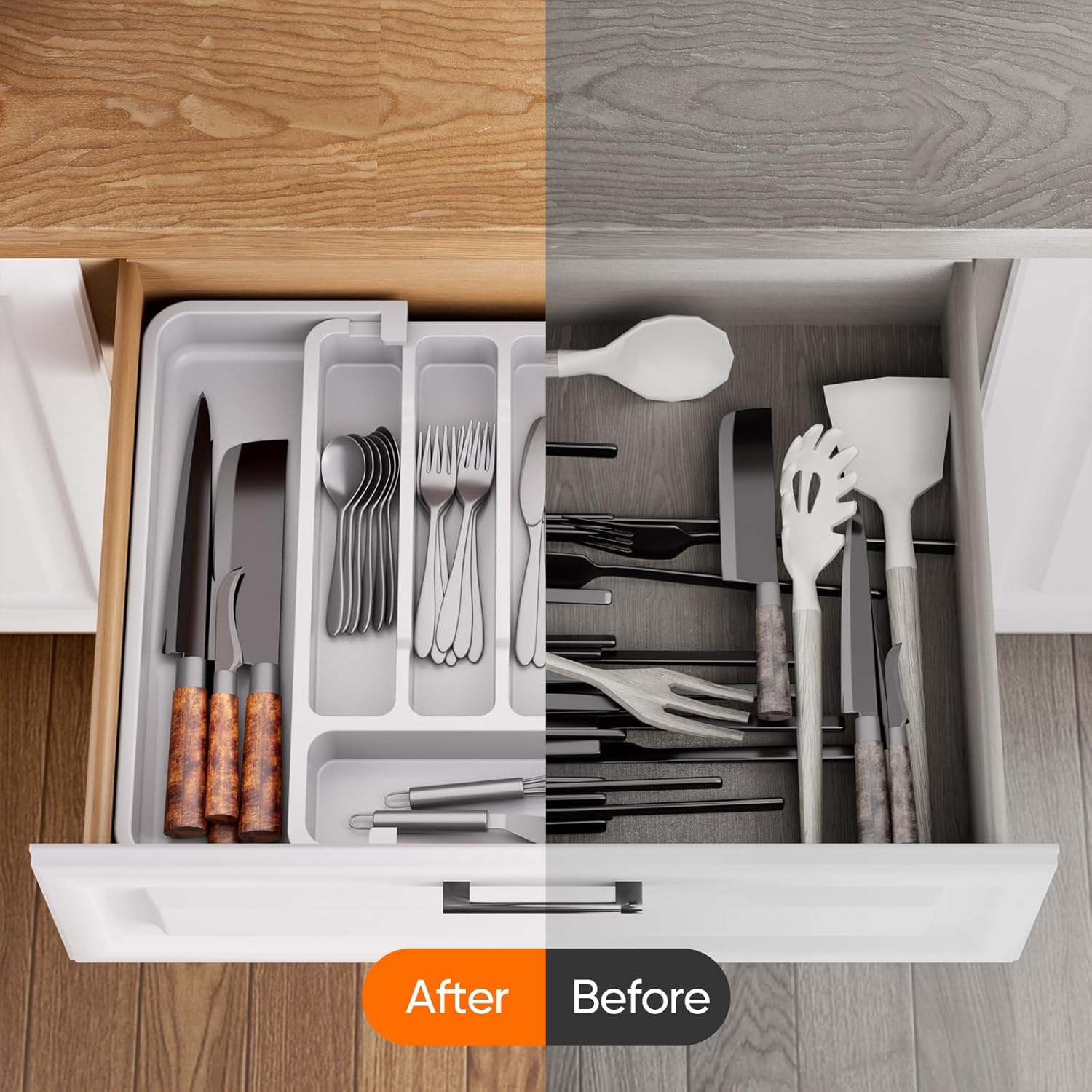 Cutlery Drawer Organiser Expandable Utensil Storage Box, Large Adjustable Silverware and Flatware Holder, Kitchen Organizer with Space Saving Design for Knives, Forks, Spoons, White image number 6