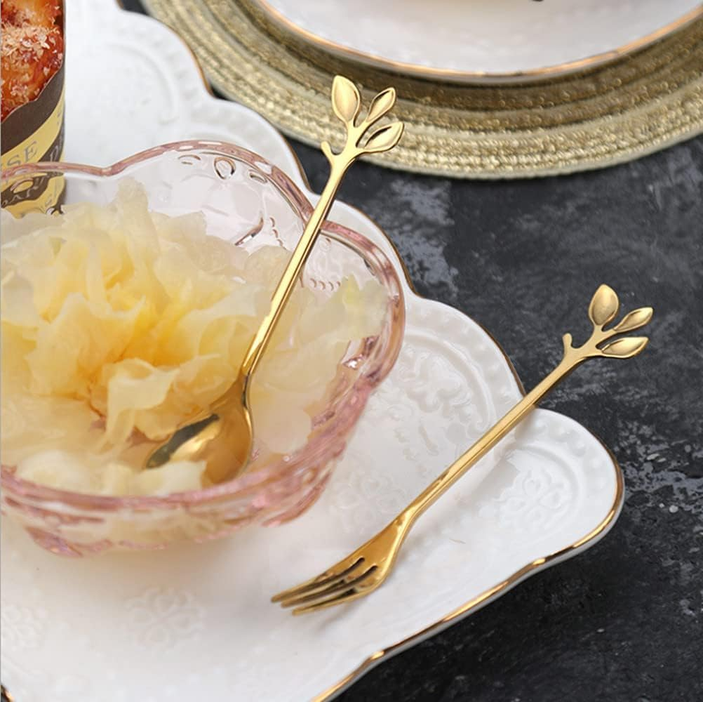 12Pcs Gold Leaf Coffee Spoon, Betterjonny Spoons and Fork Fruit Forks Stainless Steel Mini Creative Tableware for Sugar Cake Ice Cream Tea Stirring Tea