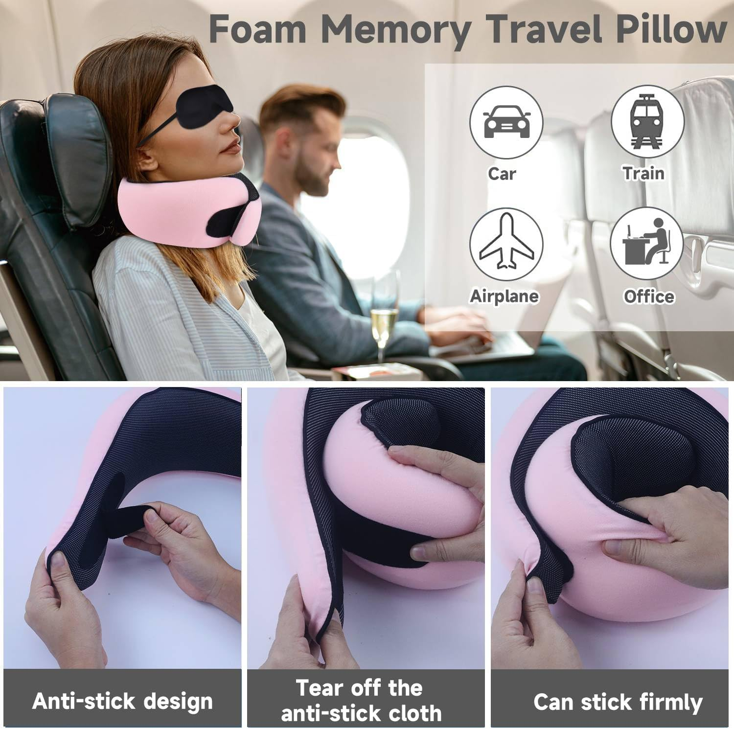Travel Neck Pillow,Premium Memory Foam Travel Pillow with 3D Contoured Eye Masks & Mesh Bag, Comfortable Breathable Machine Washable, Pain Relief Sleeping Travel Pillows for Planes,Trains,Car-Pink image number 5