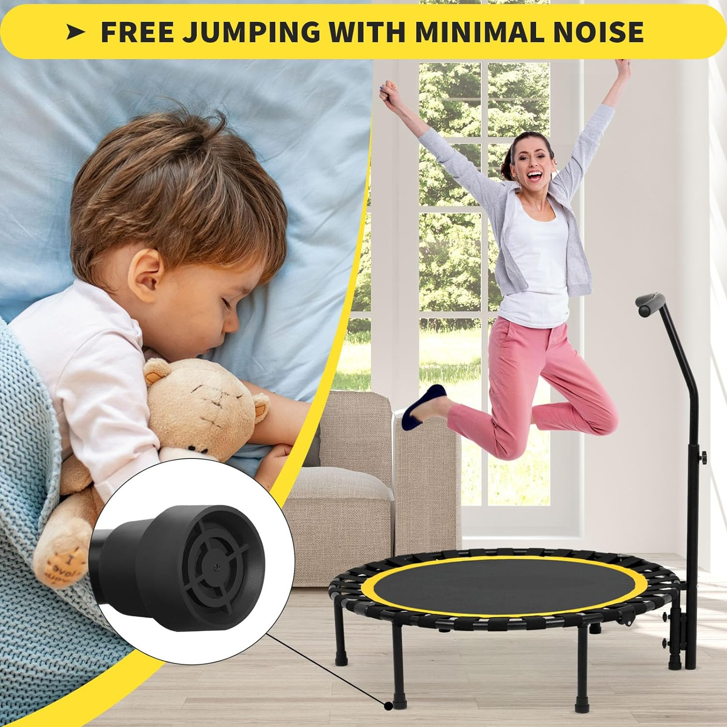 ADVWIN 50 Inch Rebounder Trampoline Fitness Mini Trampolines with T-Shaped Handle for Adults and Kids Indoor/Outdoor Workout Max Load 150KG Yellow/Orange - Yellow image number 5