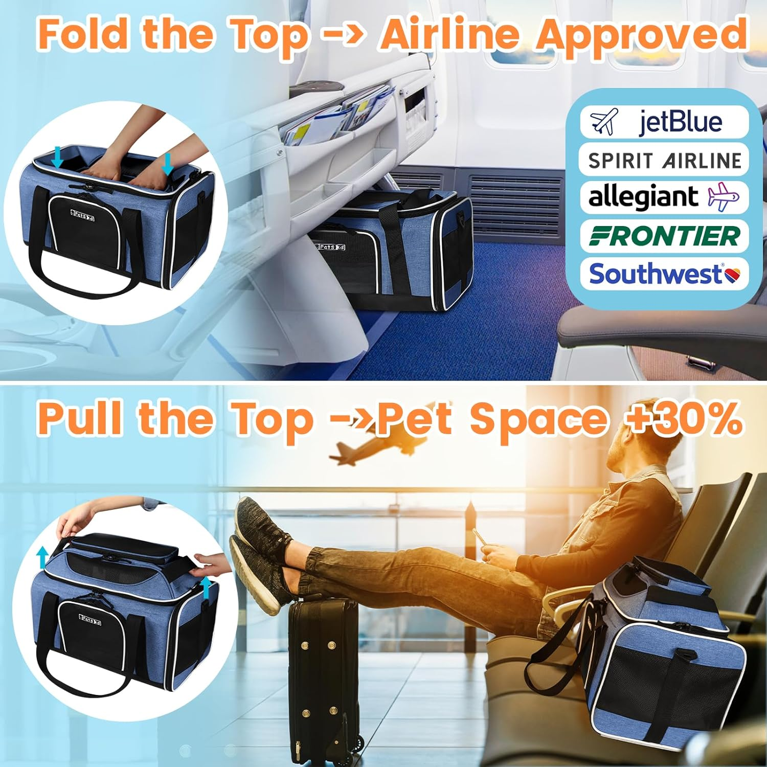 Petskd Top-Expandable Pet Carrier 17X12X8.5 Inches Jetblue Allegiant Spirit Airline Approved, Soft-Sided Carrier for Small Cats and Dogs with Locking Safety Zippers and Anti-Scratch Mesh(Blue) image number 5