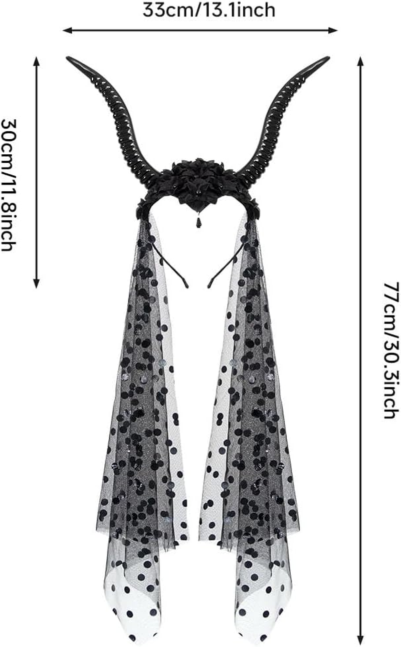 Healifty Goat Horns Headband Costume Cosplay: Gothic Queen Sheep Horns Headdress Halloween Demon Devil Headpiece with Black Mesh Veil image number 4