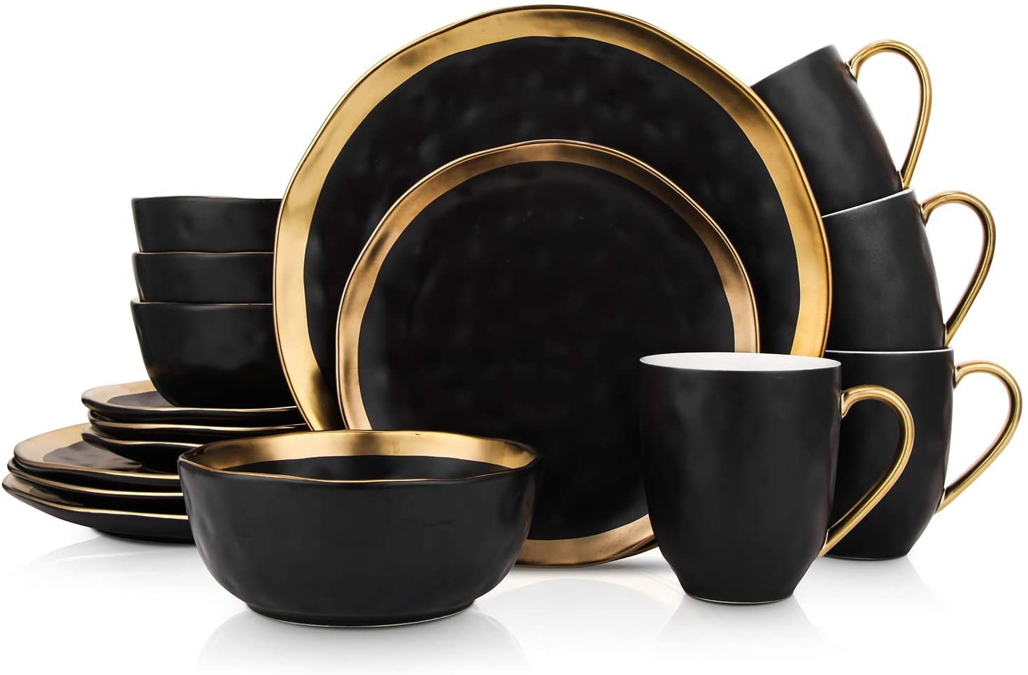 Stone Lain Porcelain 16 Piece Dinnerware Set, Service for 4, Blue and Golden Rim, Dark Blue