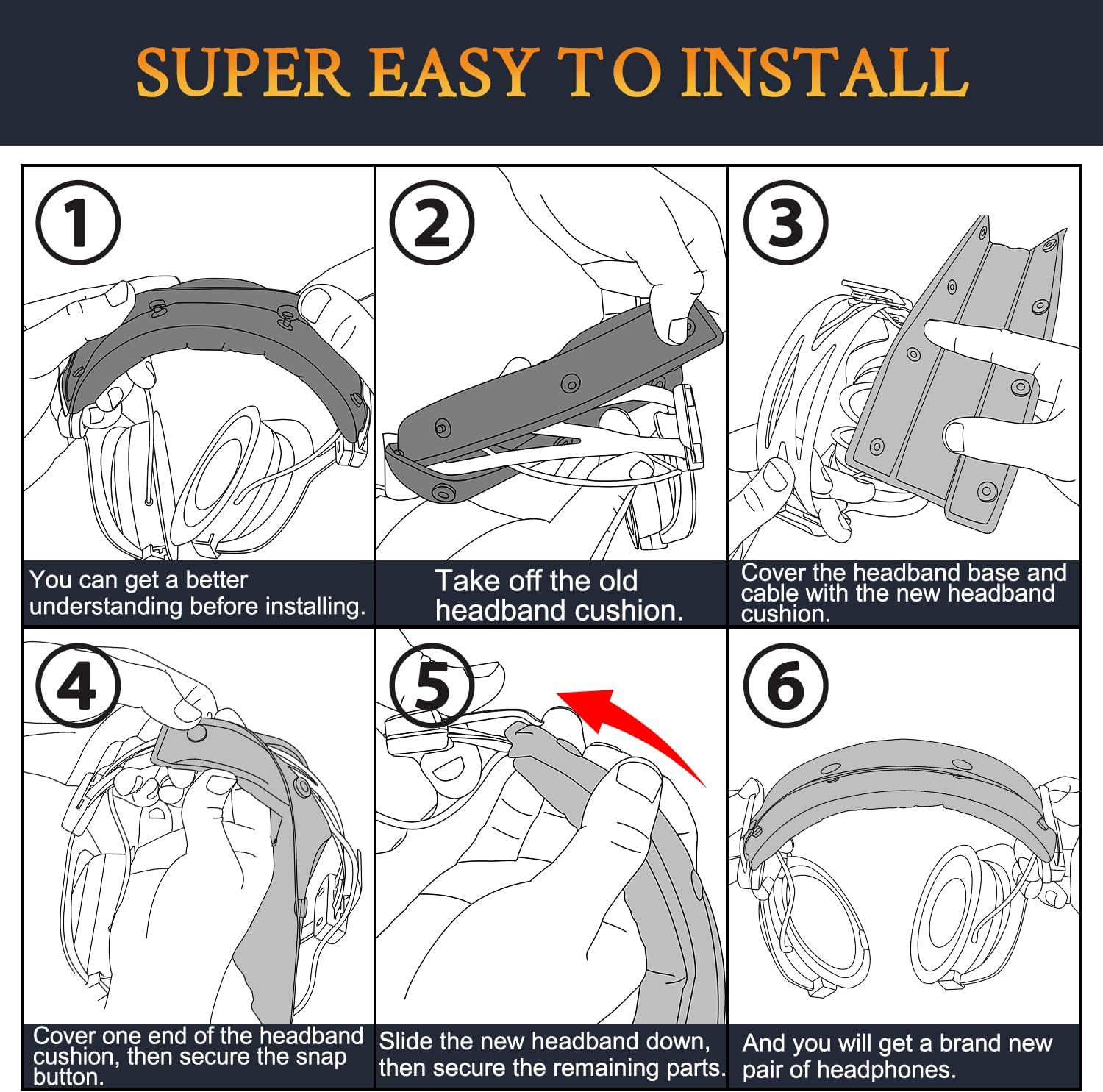 SOULWIT Replacement Headband Pad Kit for Beyerdynamic Dt770/Dt770M/Dt770Pro/Dt770 Pro HT/DT 790/DT797/DT880/DT880 Pro/Dt880 Pro HT/DT990/DT990 Pro/Hs200/Hs400/Mmx 300 (2Nd Generation) - Black image number 3