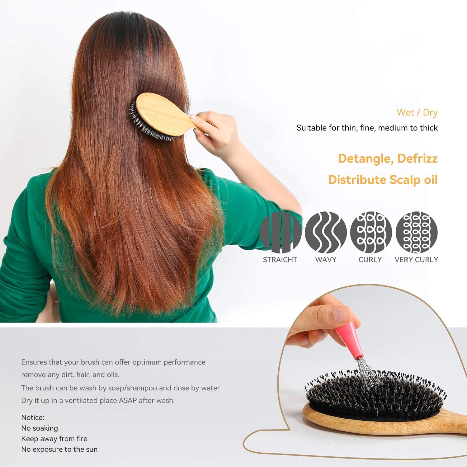 Boar Bristle Hair Brush - Natural Hairbrush Massage Comb for Thick Thin Long Short Wet or Dry Hair, Wooden Paddle Nylon Bristle Brush for Smoothing, Massaging, Detangling for Women and Men image number 2
