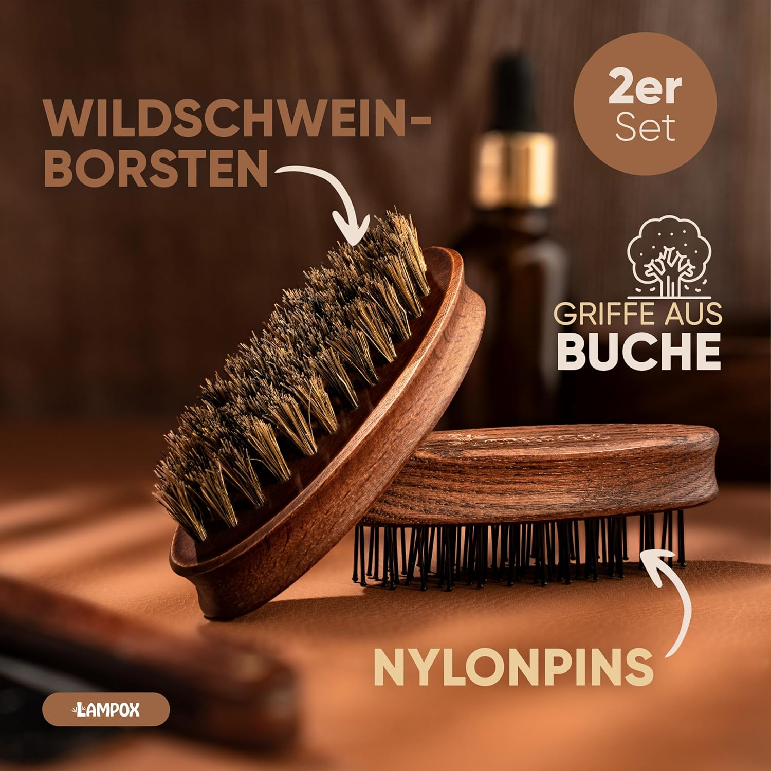 Lampox&reg; Men'S Beard Brush | Beard Styling I Beard Brush | for Short Medium Length Long Hair - for Daily Beard Care of 3-Day Beard or Full Beard (Set of 2) image number 4