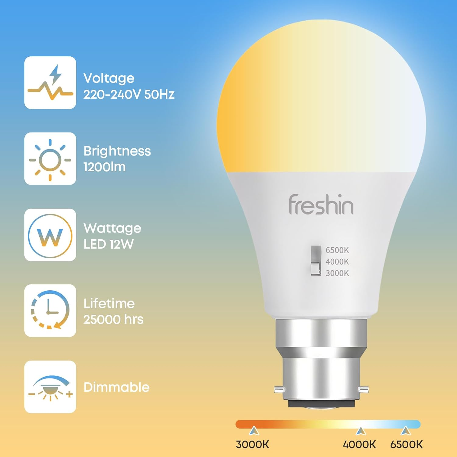 Tri-Colour LED Bulb FRESHIN B22 12W Dimmable 1200Lm Edison Screw, No Flicker Light Bulb, 3000K/4000K/6500K,3CCT Quick Manual Switch, CRI>80+, Energy Saving, RCM Certified (2) image number 1