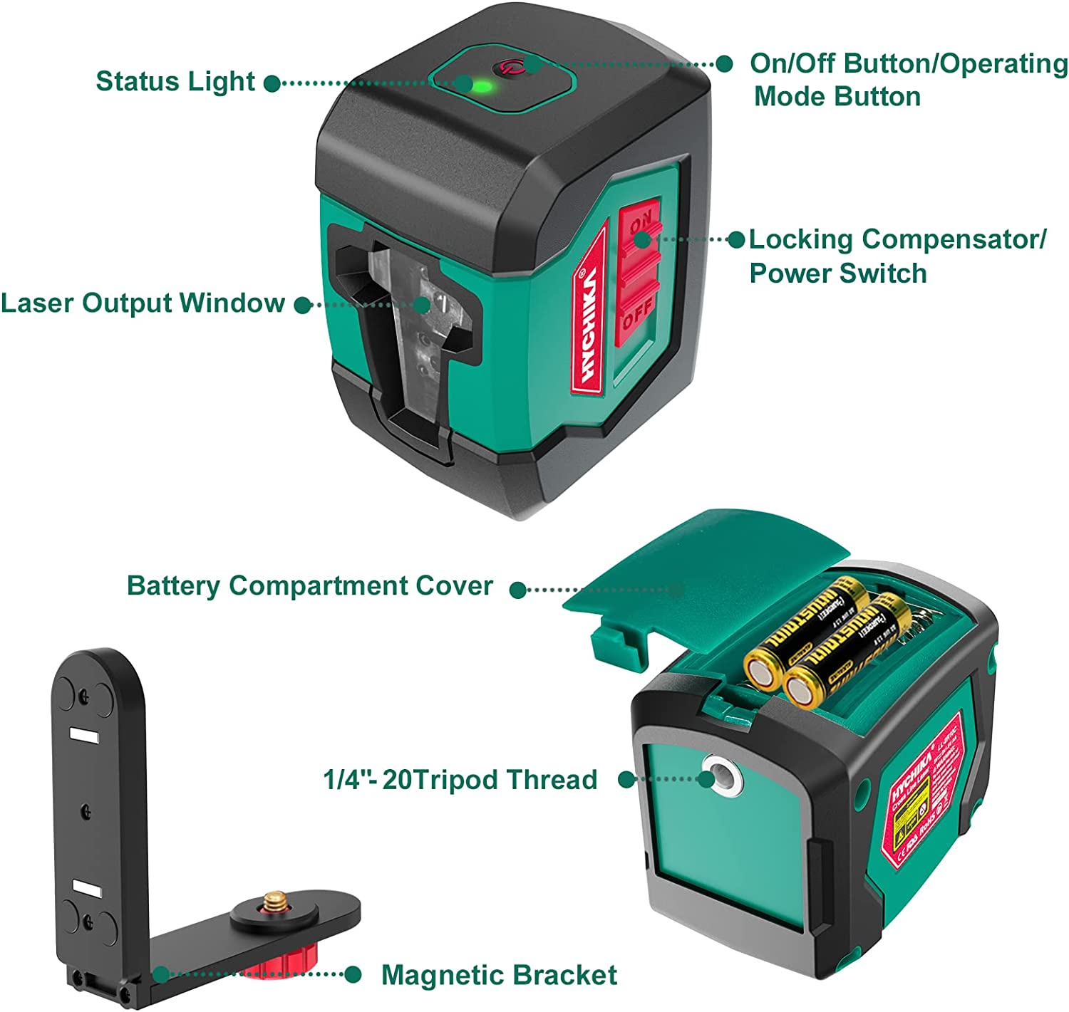 HYCHIKA Laser Level, Laser Levels Self Leveling with Double Laser Module, Laser Spirit Level with 2 Lines Horizontal/Vertical, Flexible Magnetic Base, 2 X AA Batteries Included image number 4