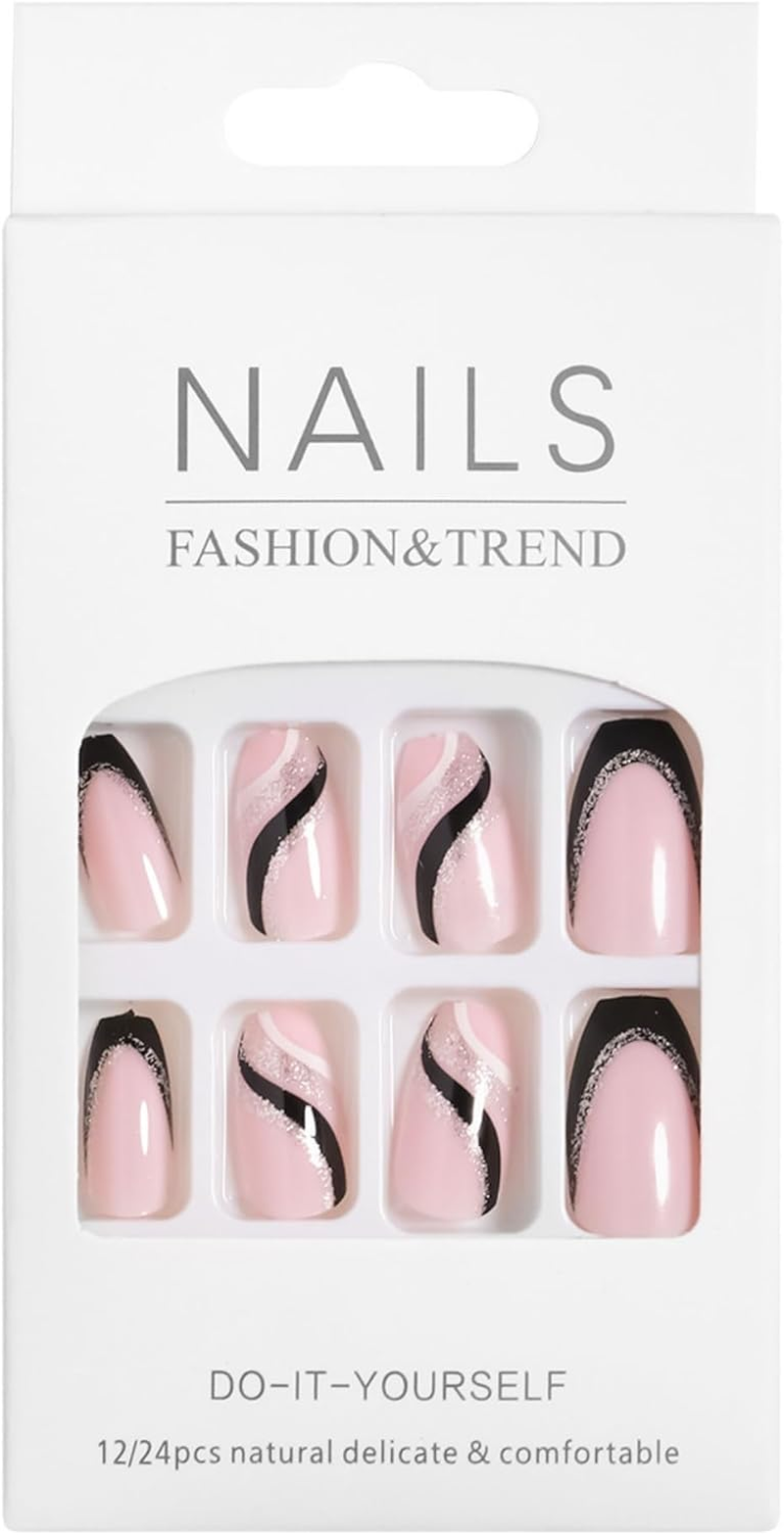 Press on Nails 24Pcs Reusable Acrylic French Full Cover False Nails W Nail Glue Women Girls Daily Decoration Nail Extension Easy DIY Black White Waves - Almond Nails-Burgundy Gradient image number 3