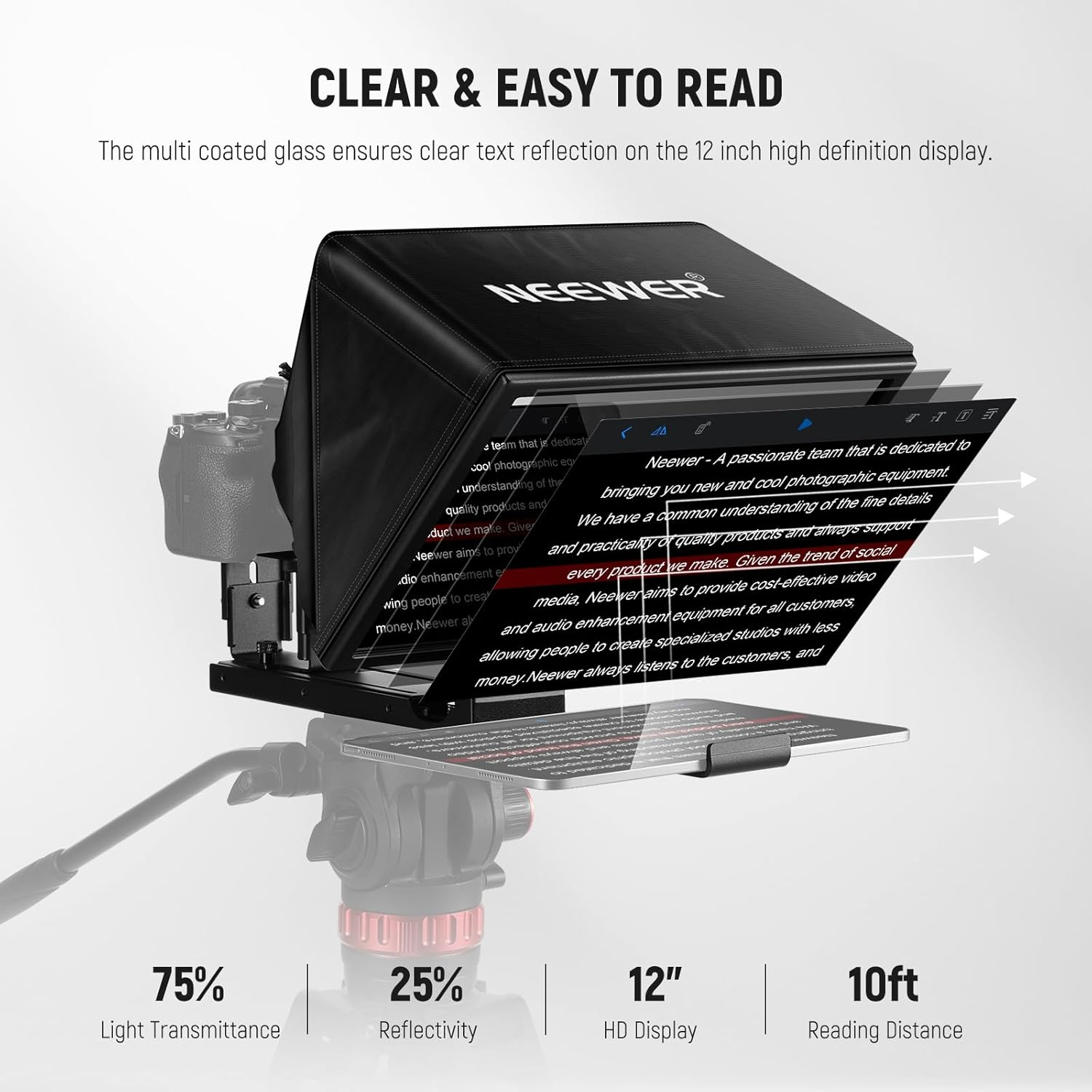NEEWER Basics X12B Aluminum Alloy Liftable Teleprompter 12" Compatible with Iphone Ipad Tablet Phone Camera, No Assembly/Remote & App Control with Cleaning Cloth, for Online Teaching Live Streaming image number 5