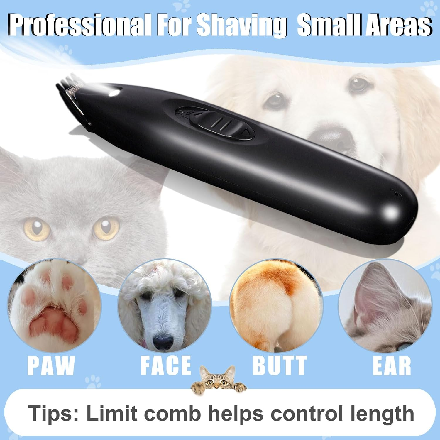 KIKETECH LED Dog Paw Trimmer - Cordless, Low Noise Dog Clippers for Grooming, Rechargeable Small Area Shaver for Dogs, Cats, Glossy Black image number 2