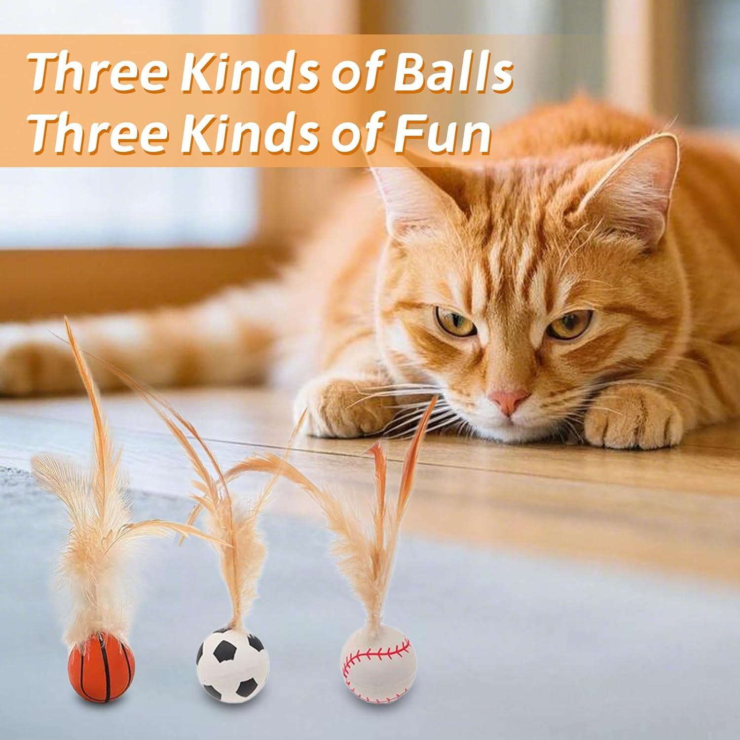 Interactive Cat Feather Ball Toys for Indoor Cats - Bouncy, Catnip-Infused Balls with Mini Soccer/Basketball Toys, Chew & Teeth-Cleaning Toys for Kitten Exercise Play（3Pc） image number 3