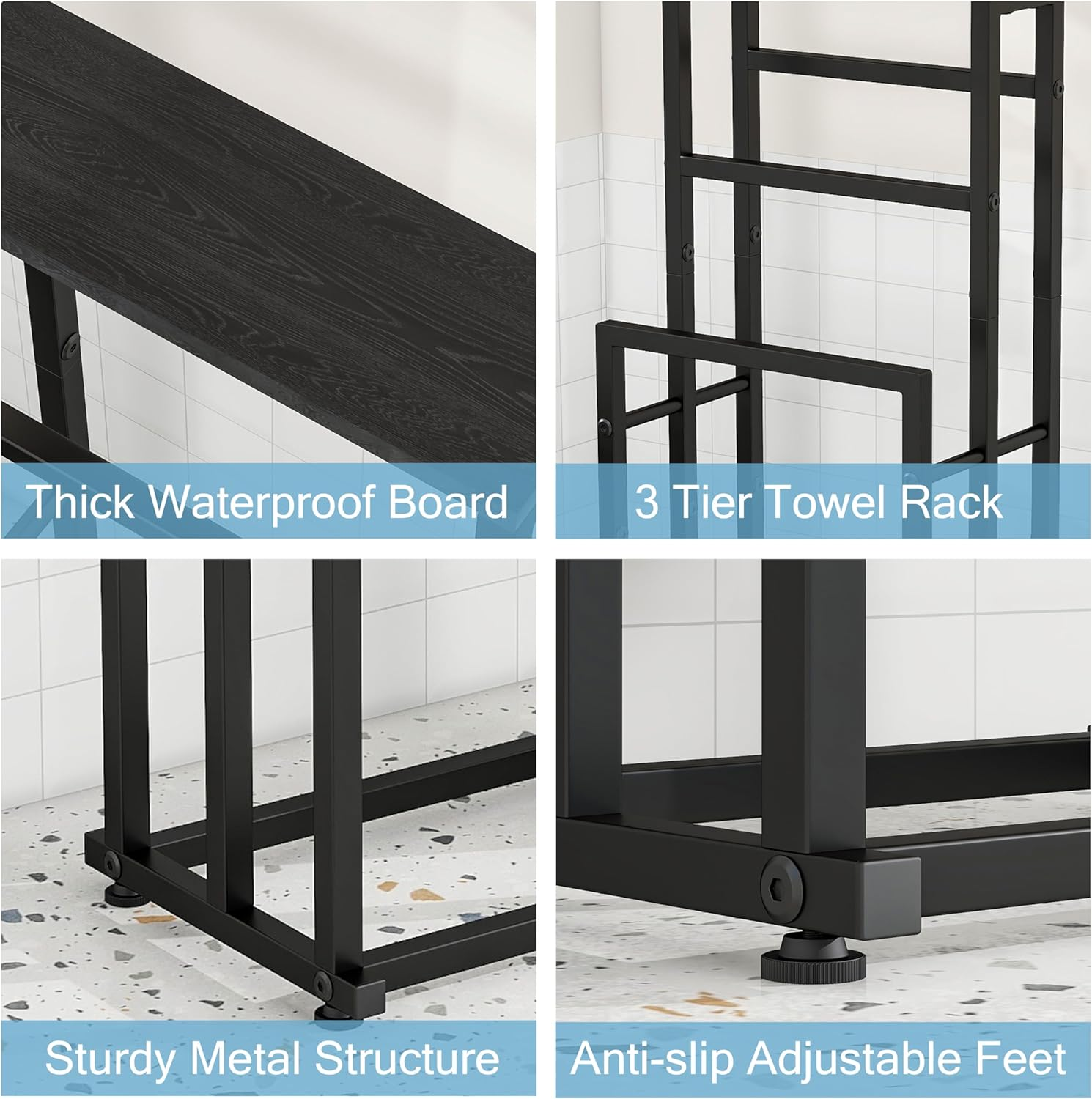 VERFARM Freestanding Towel Rack for Bathroom, 3 Tier Metal Blanket Ladder Holder Pool Drying and Display Rack with Shelf for Bedroom Living Room (Black) image number 2