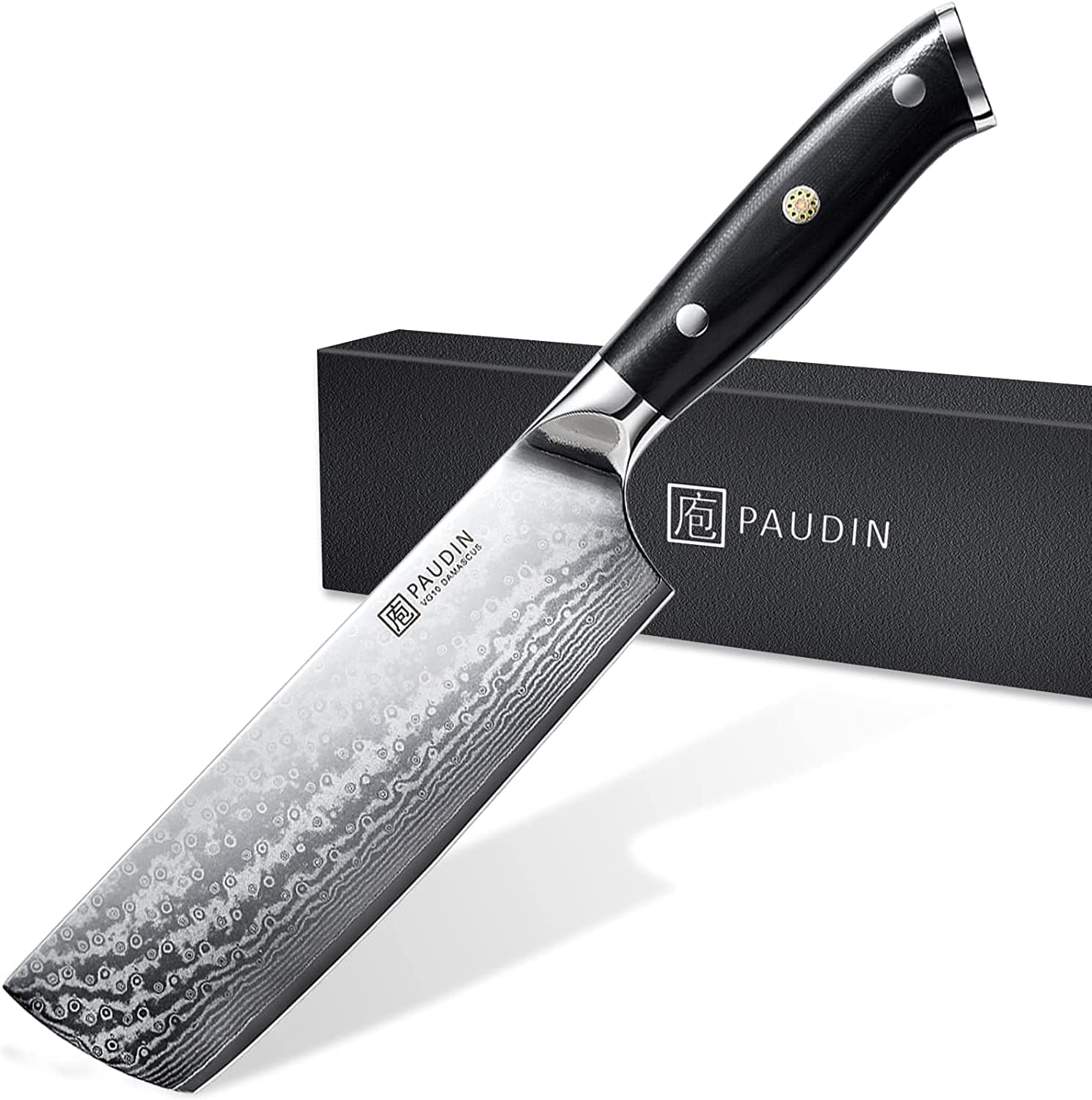 PAUDIN Nakiri Knife 7'', Damascus Chef Knife, Japanese VG-10 Stainless Steel, Kitchen Knife with G10 Full Tang Handle, Razor Sharp 67-Layer Forged Blade image number 5