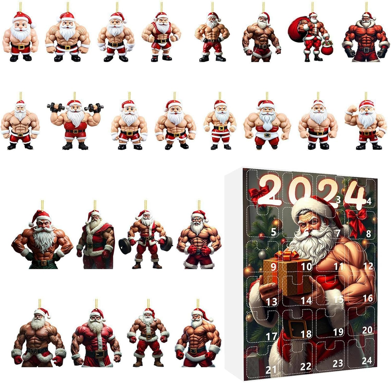 Muscle Set, 2024, Flat Acrylic Pendants, Christmas Tree Decorations, 24X Countdown Ornaments, Festive Holiday Decor, Unique for Christmas Tree image number 4