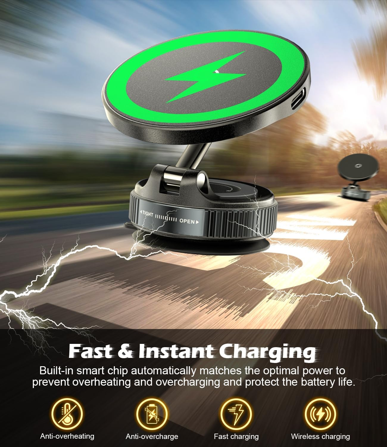 Cloudvalley 15W Fast Wireless Charger Car Phone Holder Mount, Vacuum Suction Cup Phone Holder Design for Magsafe Iphone 16/15/14/13/12, 360&deg; Adjustable & Foldable Stand for Dashboard & Windshield image number 2