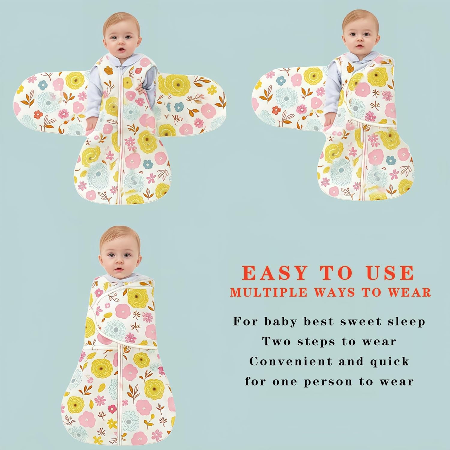 2 Pack,Newborn Sleep Sack,Winged Baby anti Startle Swaddling Clothes，100% Cotton Sleepsack Swaddle,3-6 Months,3-Way Adjustable Wearable Transition Blanket, Hat and Mittens, Animal and Floral Patterns image number 1