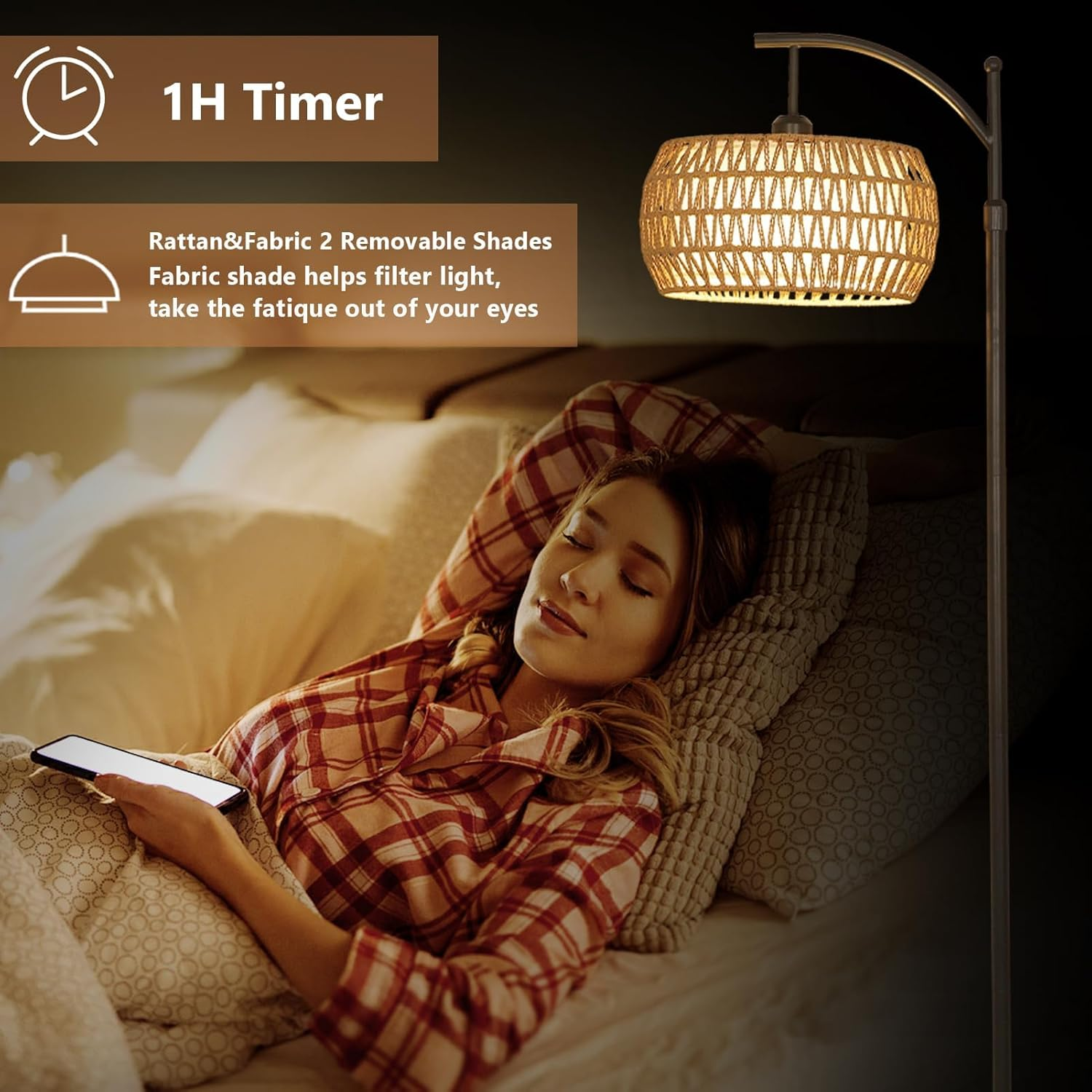 Arc Floor Lamp, Dimmable LED Floor Lamp with 3 Color Temperature, Black Standing Lamp with Rattan & Fabric Double Drum Shade, Boho Farmhouse Tall Pole Lamp for Living Room Bedroom (Type A) image number 5