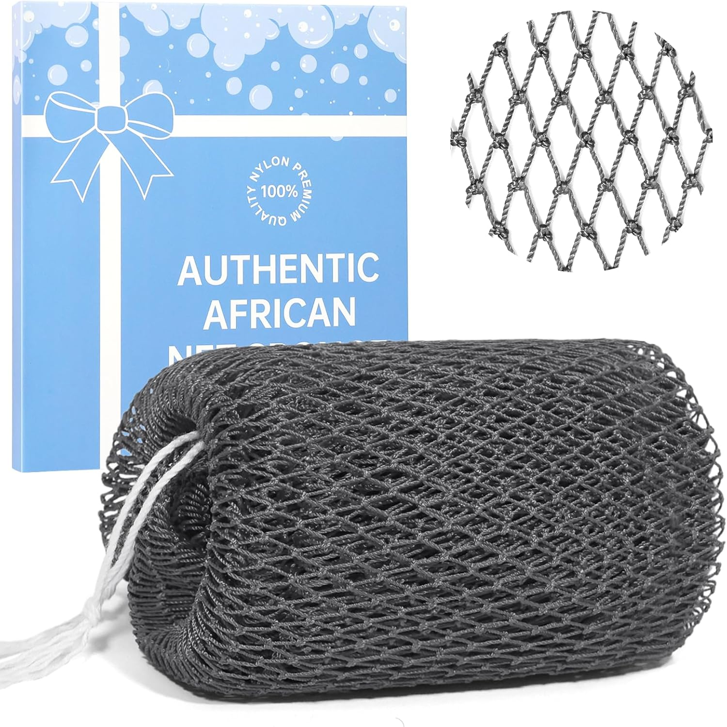 African Net Sponge with Knots,Authentic Exfoliating Bath Sponge for Deep Cleansing, Long-Lasting Body Scrub, Shower & Bath Accessories for Women & Men (Dark Grey)