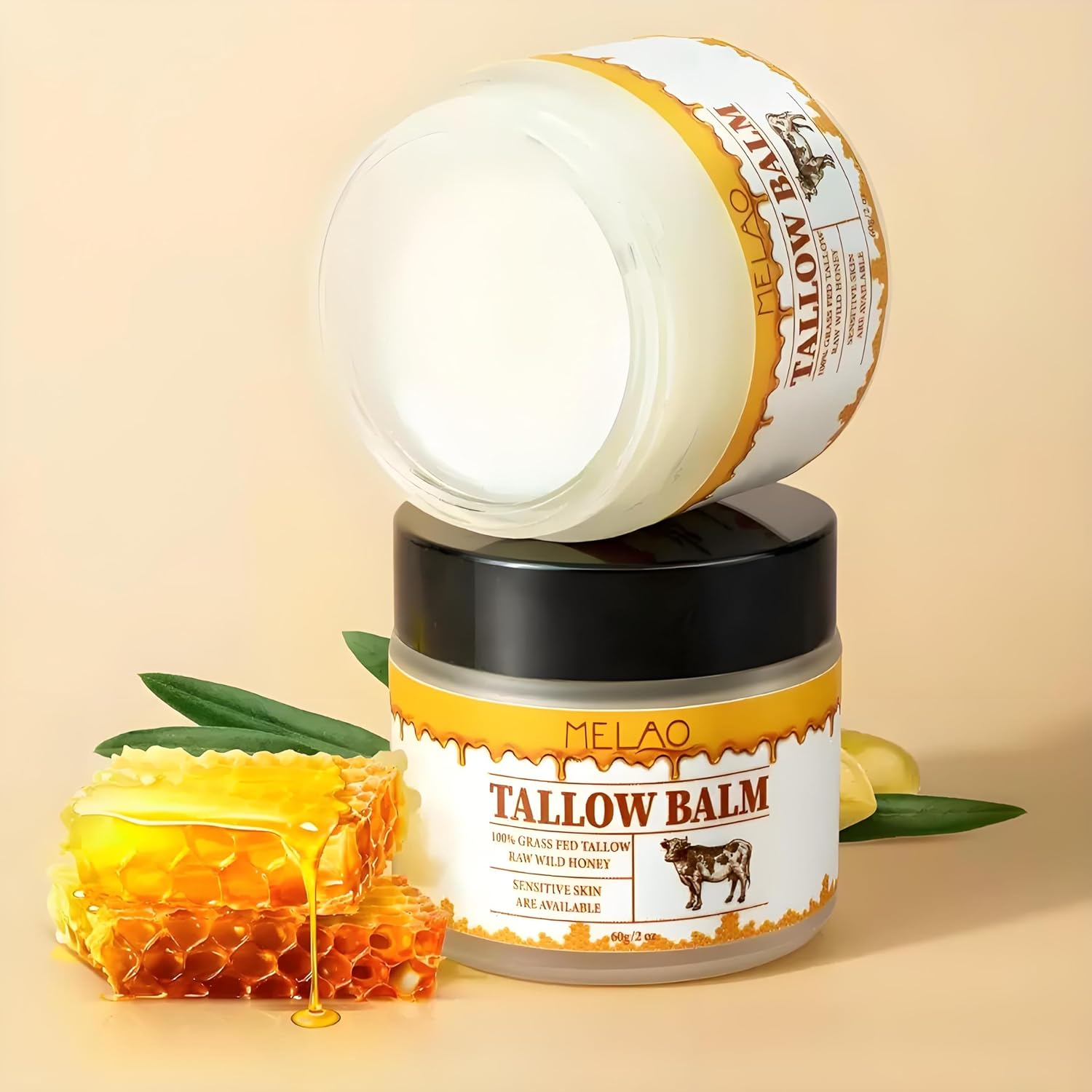 Beef Tallow and Honey Balm for Skin: Grass Fed Whipped Beef Tallow with Honey Face Body Moisturizer - Tallow Cream Infused with Manuka Honey Beeswax Olive Oil image number 2
