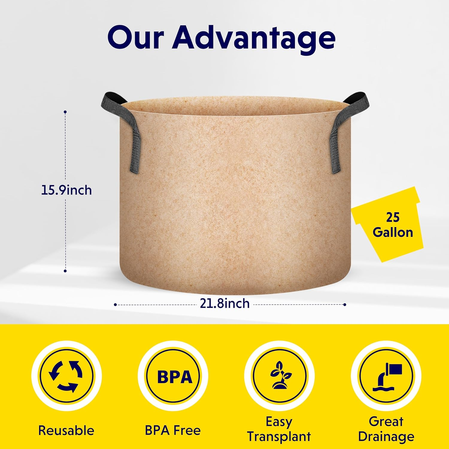 Ipower 5 Pack 25 Gallon Tan Grow Bags, Garden Planting Nonwoven Fabric Pots with Reinforced Handle, Heavy Duty and Aeration Planter Pot for Tomato, Fruits, Vegetables and Flowers image number 6